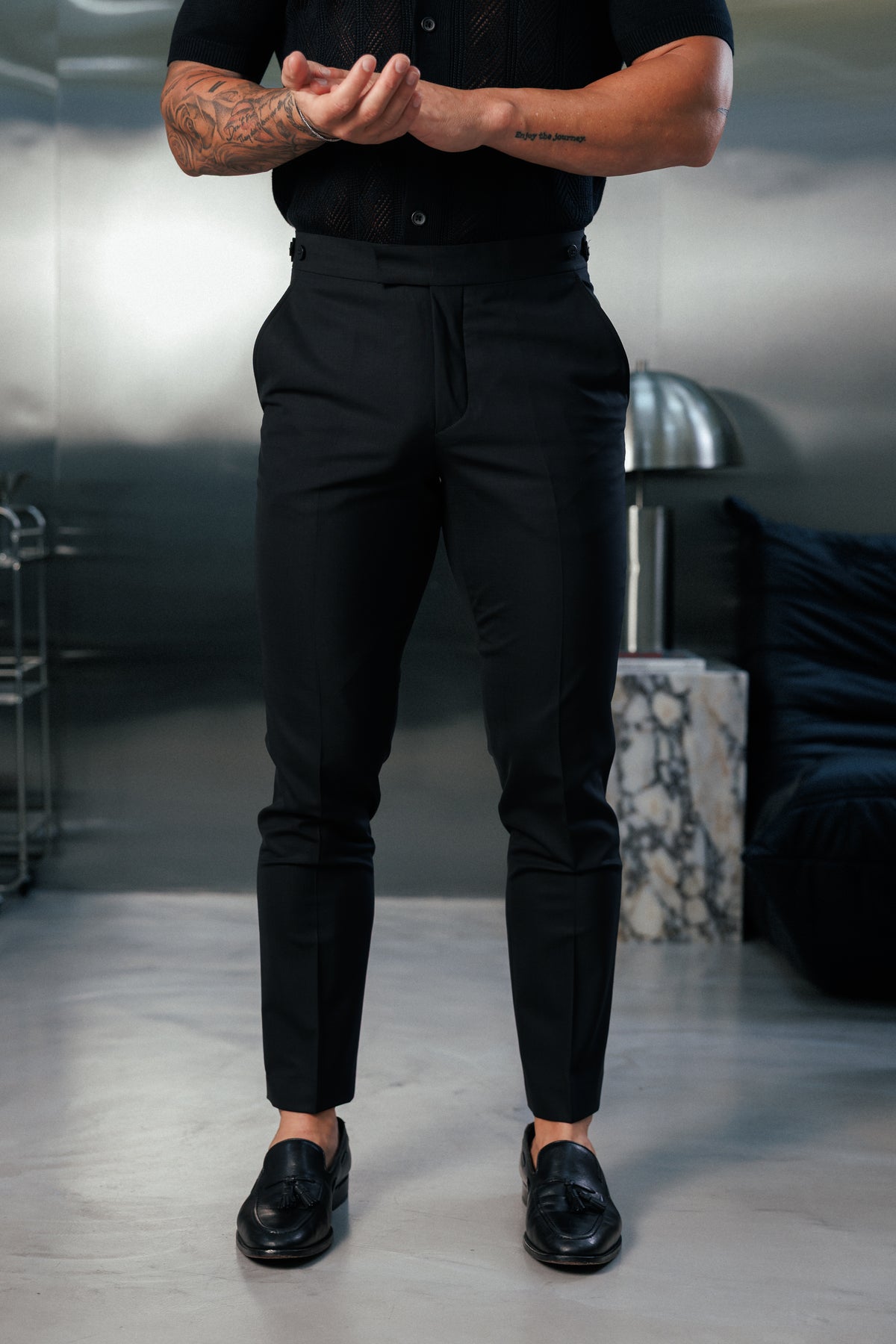 Tailored Formal Black Stretch Trousers with Elasticated Button Waist Adjuster - FST049
