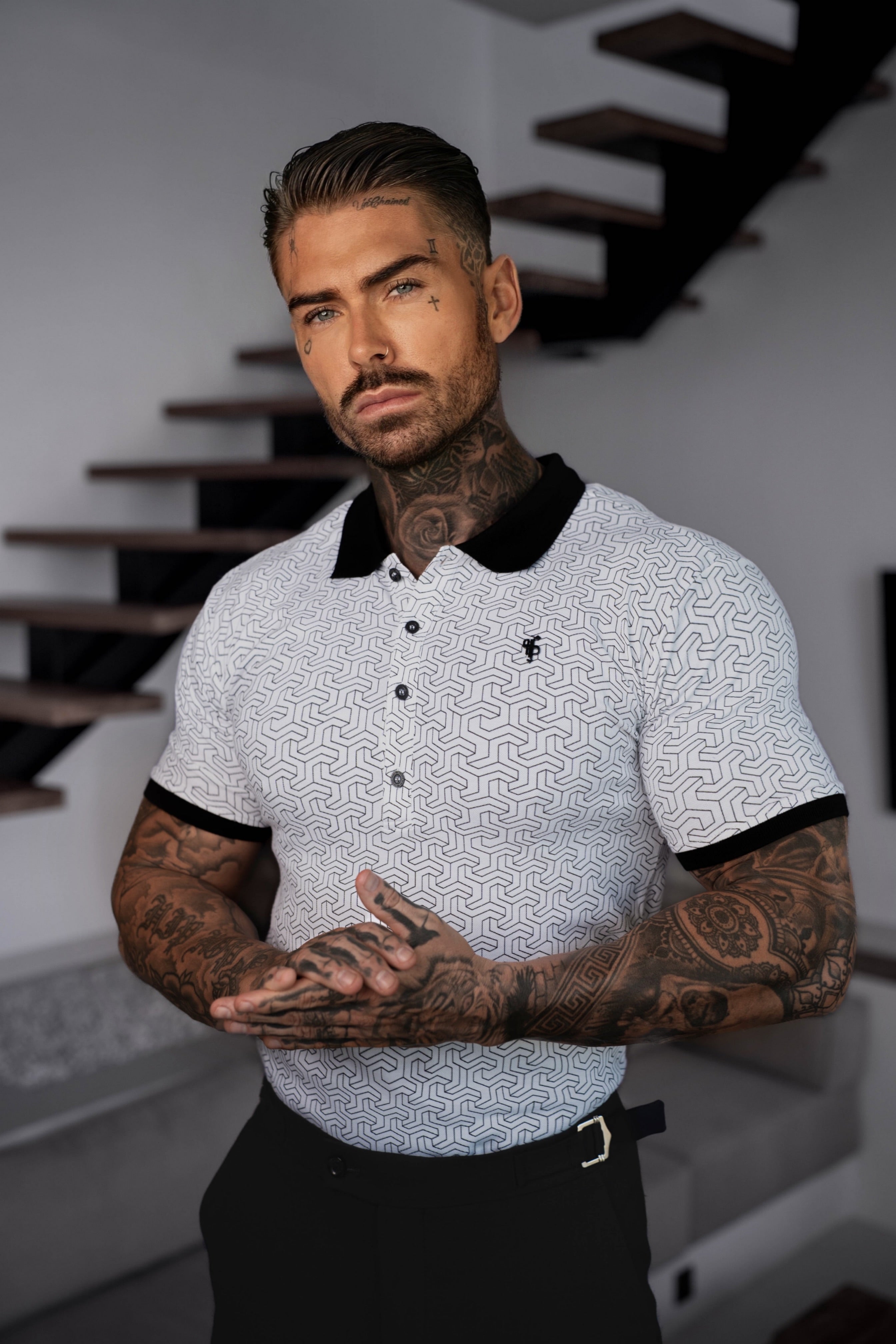 White / Black Geo Printed Polo Shirt - FSH1233