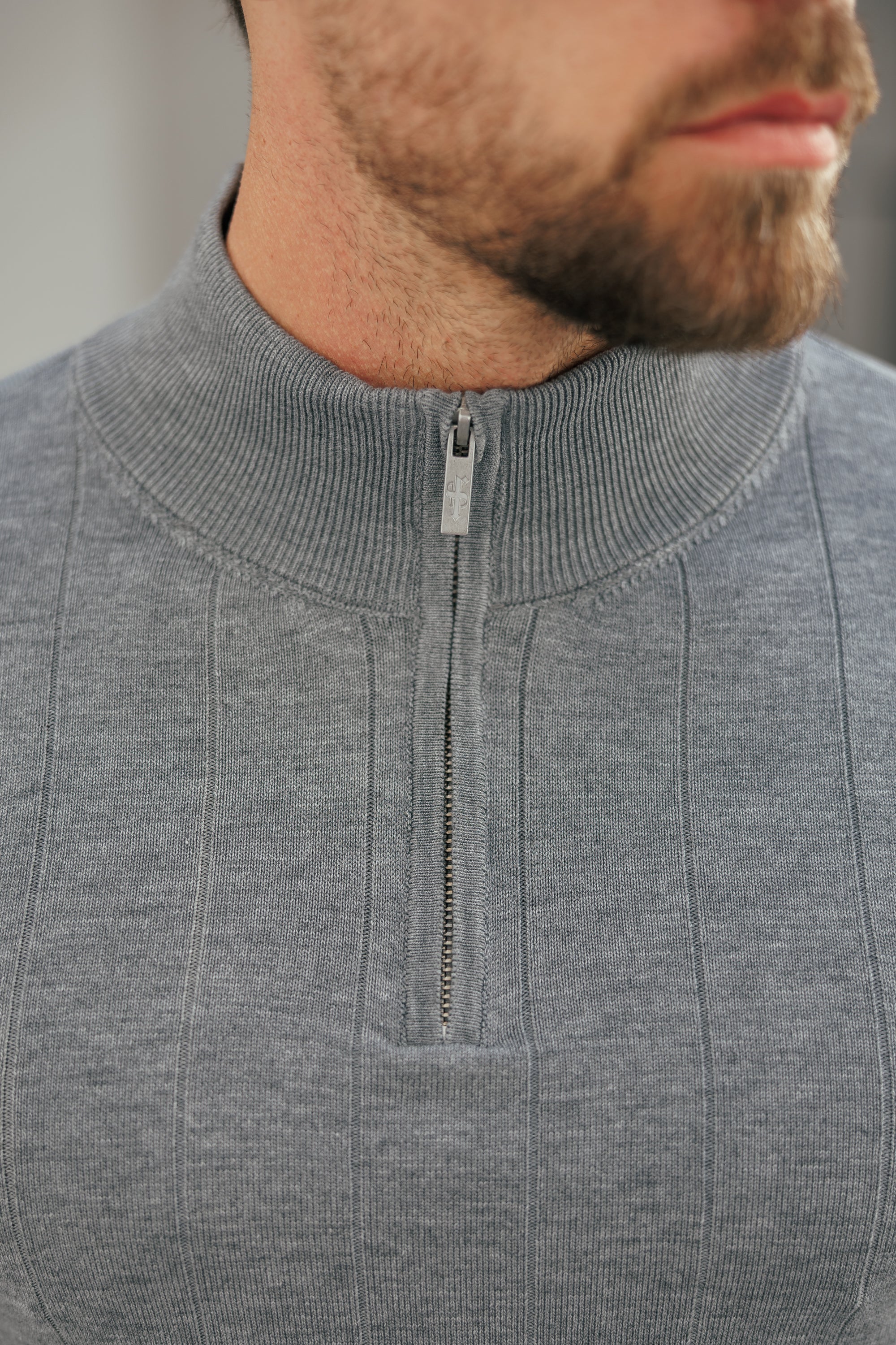 Self Stripe 1/4 Zip Funnel Neck Knit Jumper Light Charcoal Long Sleeve - FSR053