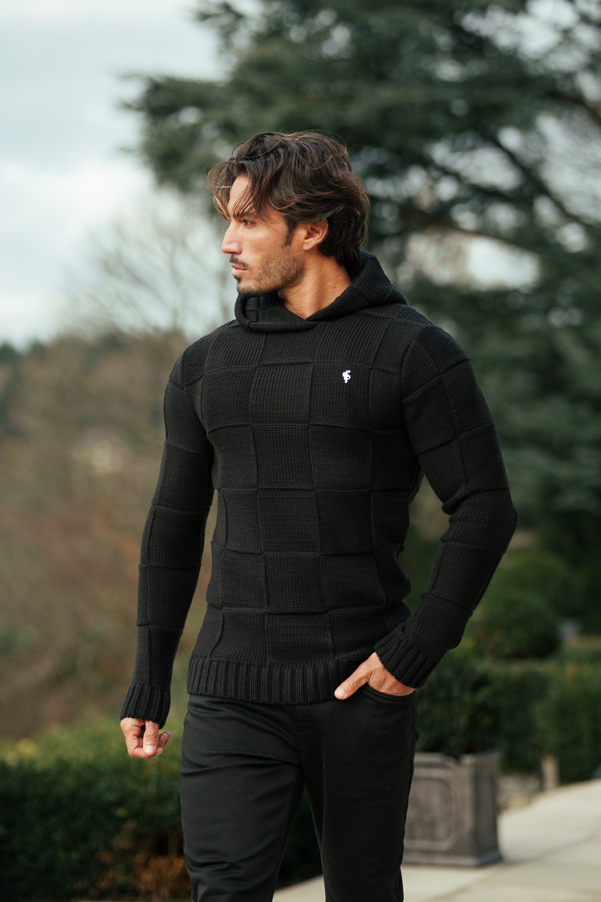 Black Checkerboard Knitted Hoodie - FSJ135