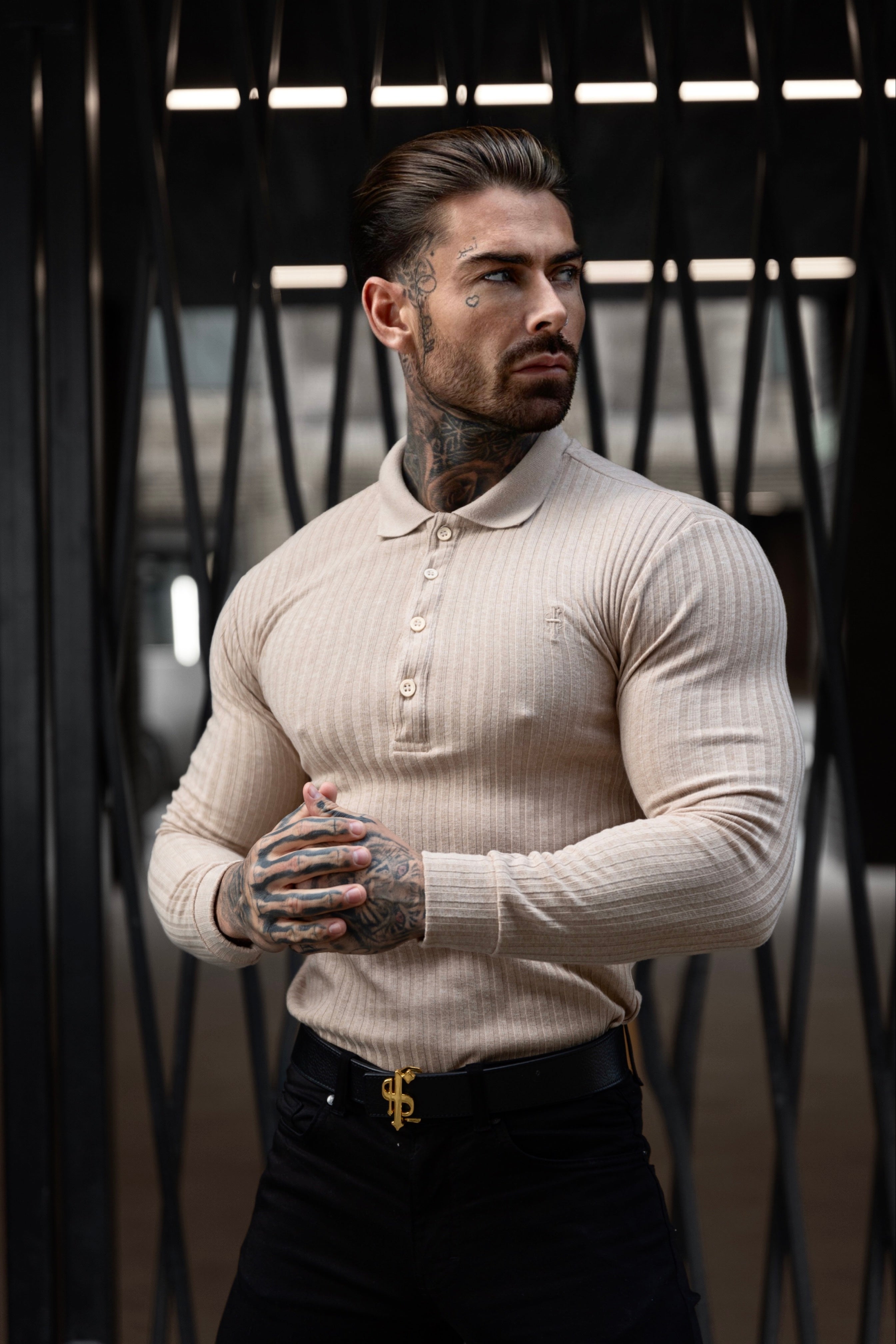 Classic Beige Ribbed Polo Shirt Long Sleeve - FSH968