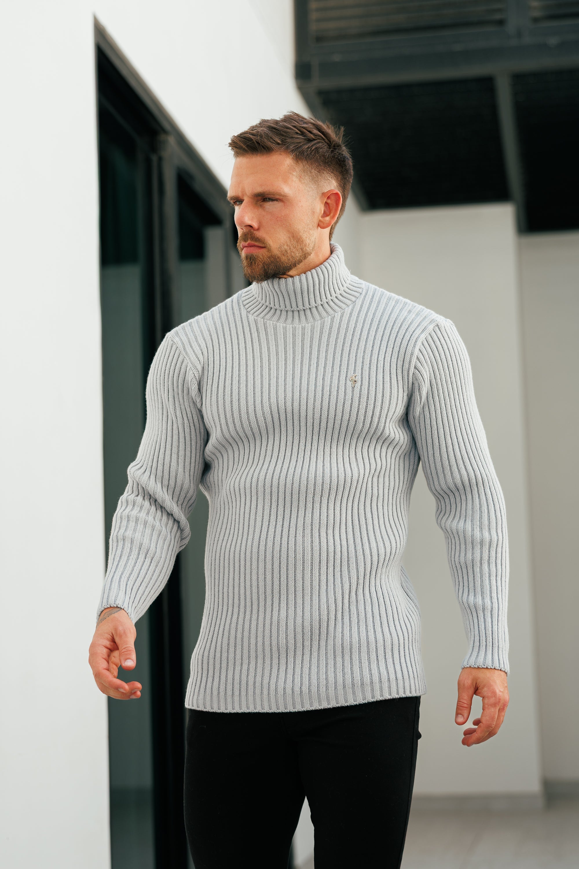 Ribbed Knit Cop Grey Roll Neck Jumper - FSJ116