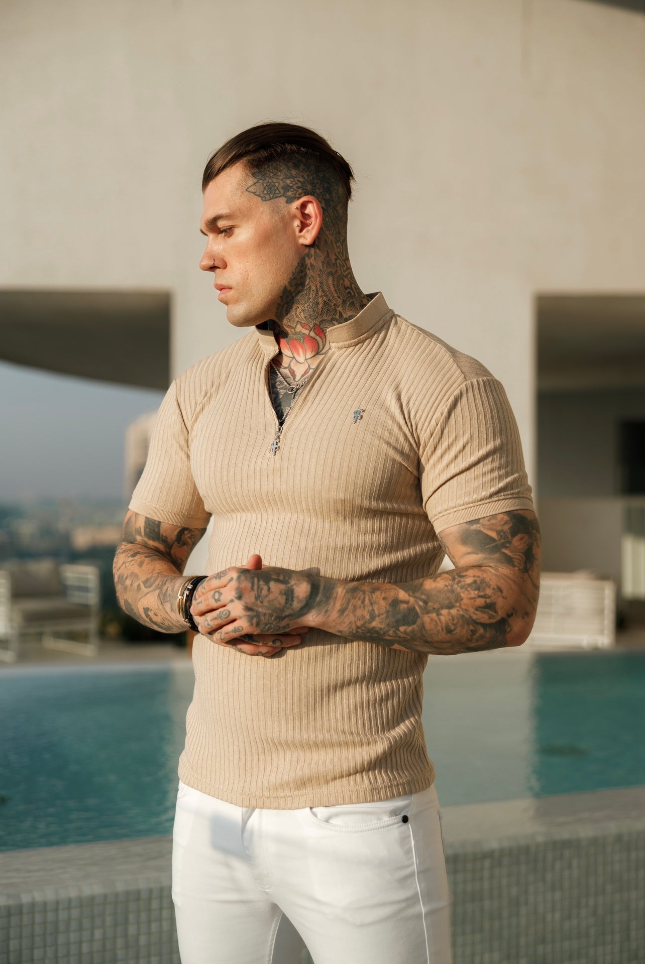 Classic Baby Blue Ribbed Silver Zip Grandad Collar Shirt Short Sleeve - Silver