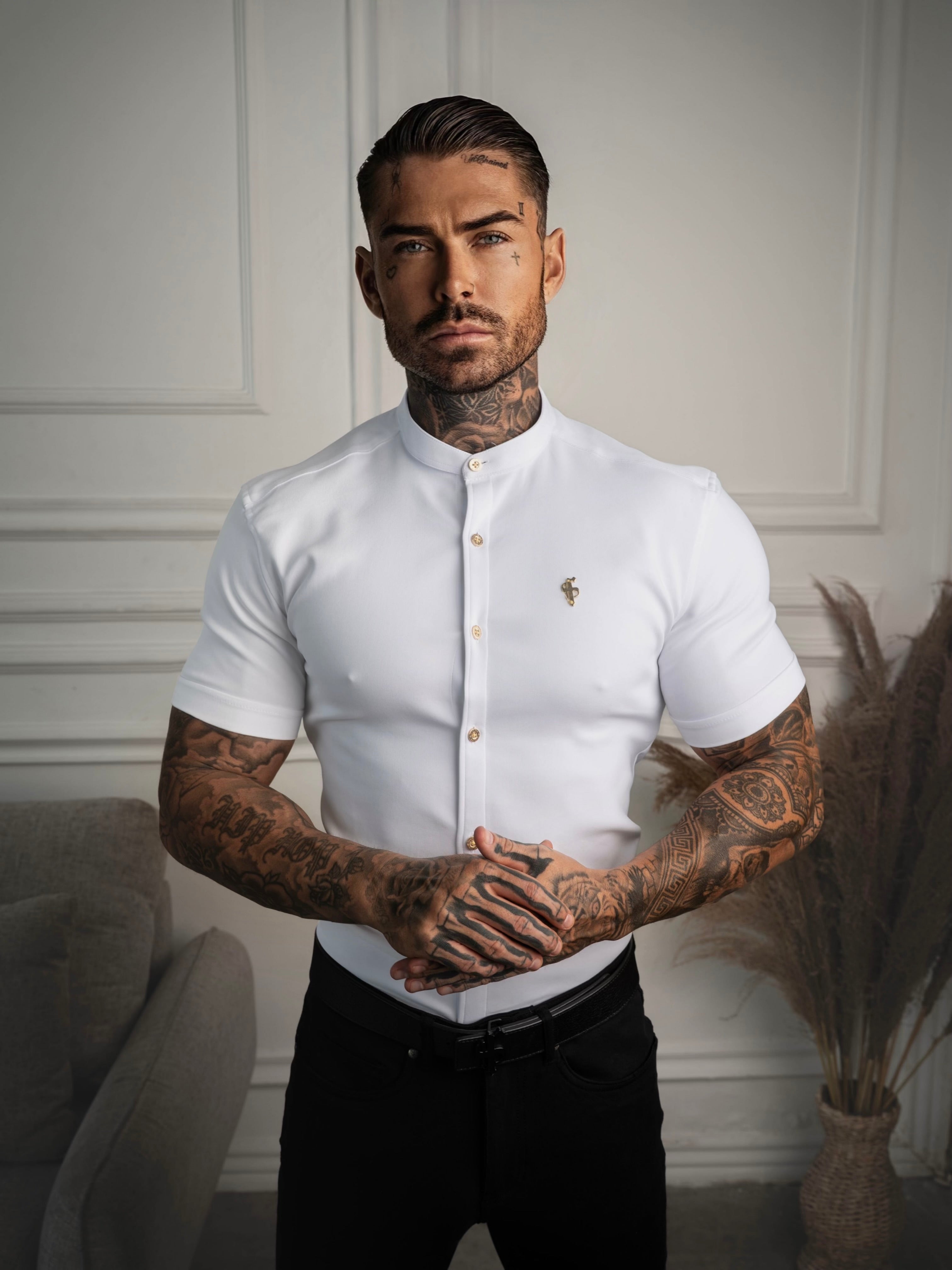 Super Slim Stretch White Denim Short Sleeve Grandad collar with Metal Buttons and Decal Emblem - FS720