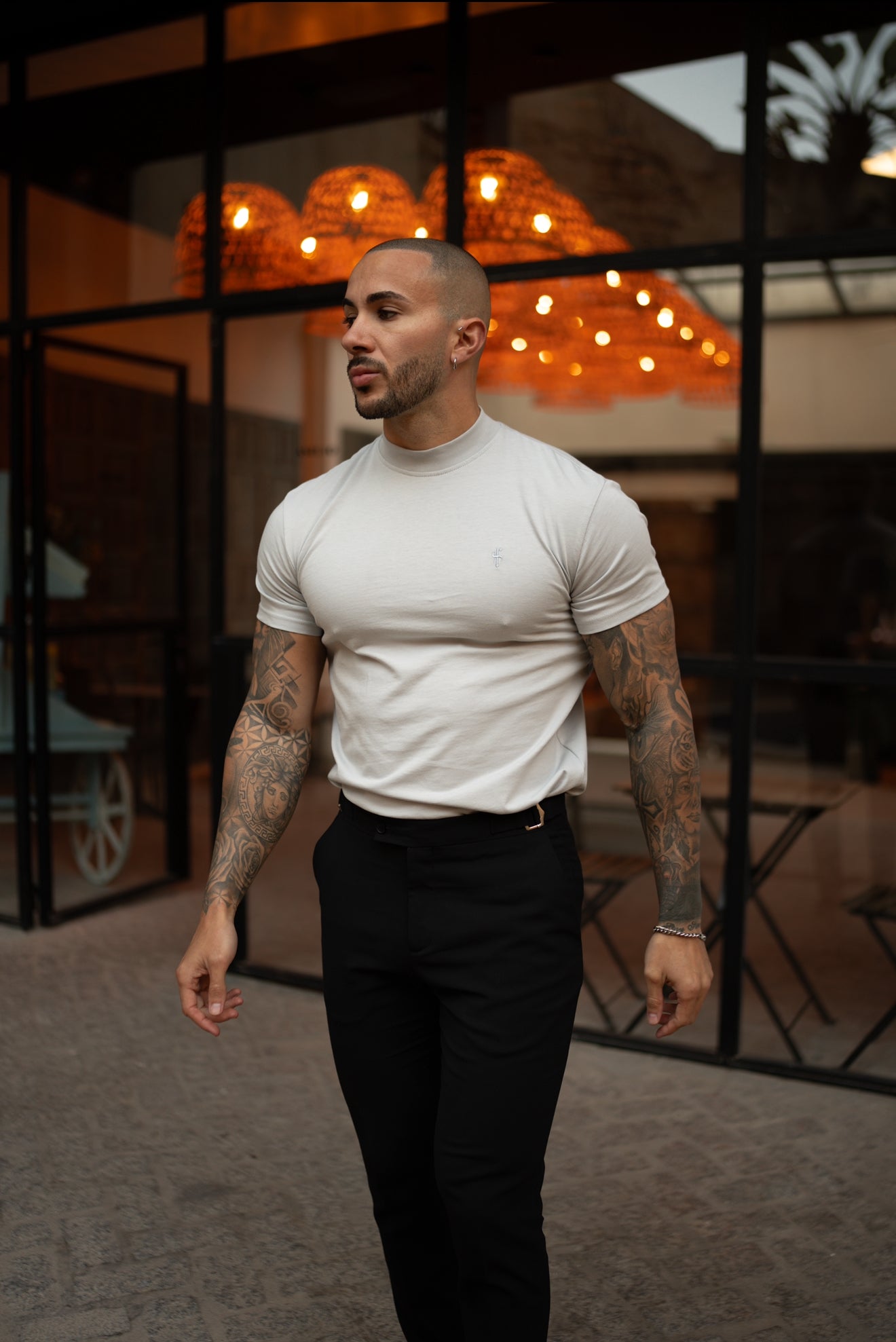 Ribbed High Neck Crew Short Sleeve Light Grey - FSH1142