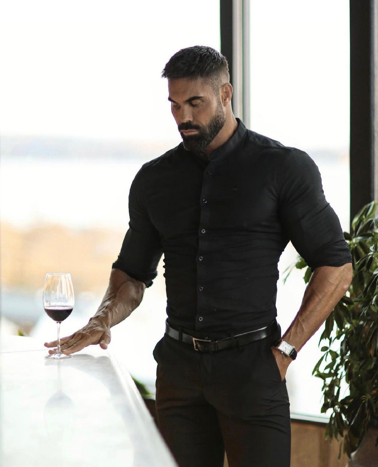 Athena Muscle Fit Advanced Stretch Black Grandad Collar Shirt - FS1245