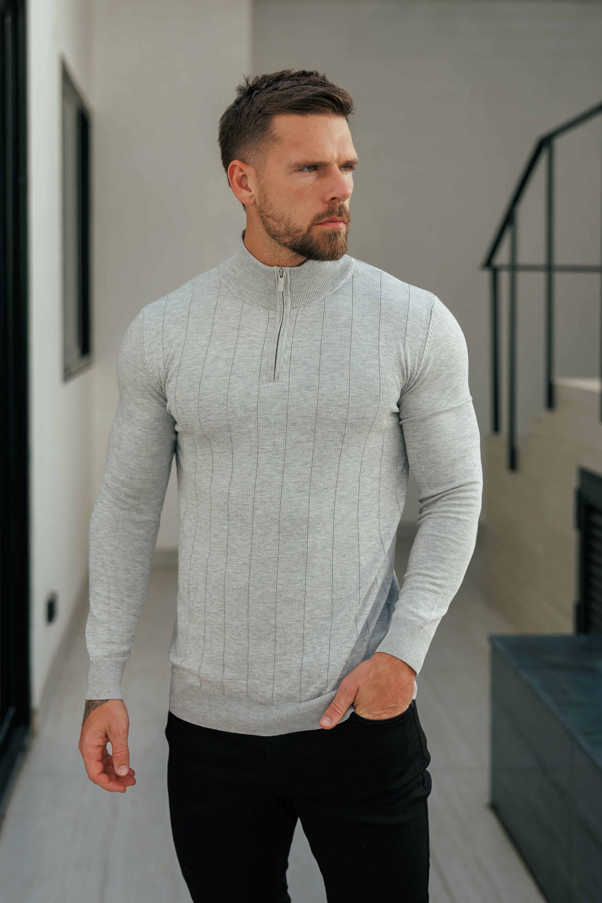 Self Stripe 1/4 Zip Funnel Neck Knit Jumper Silver Grey Long Sleeve - FSR051