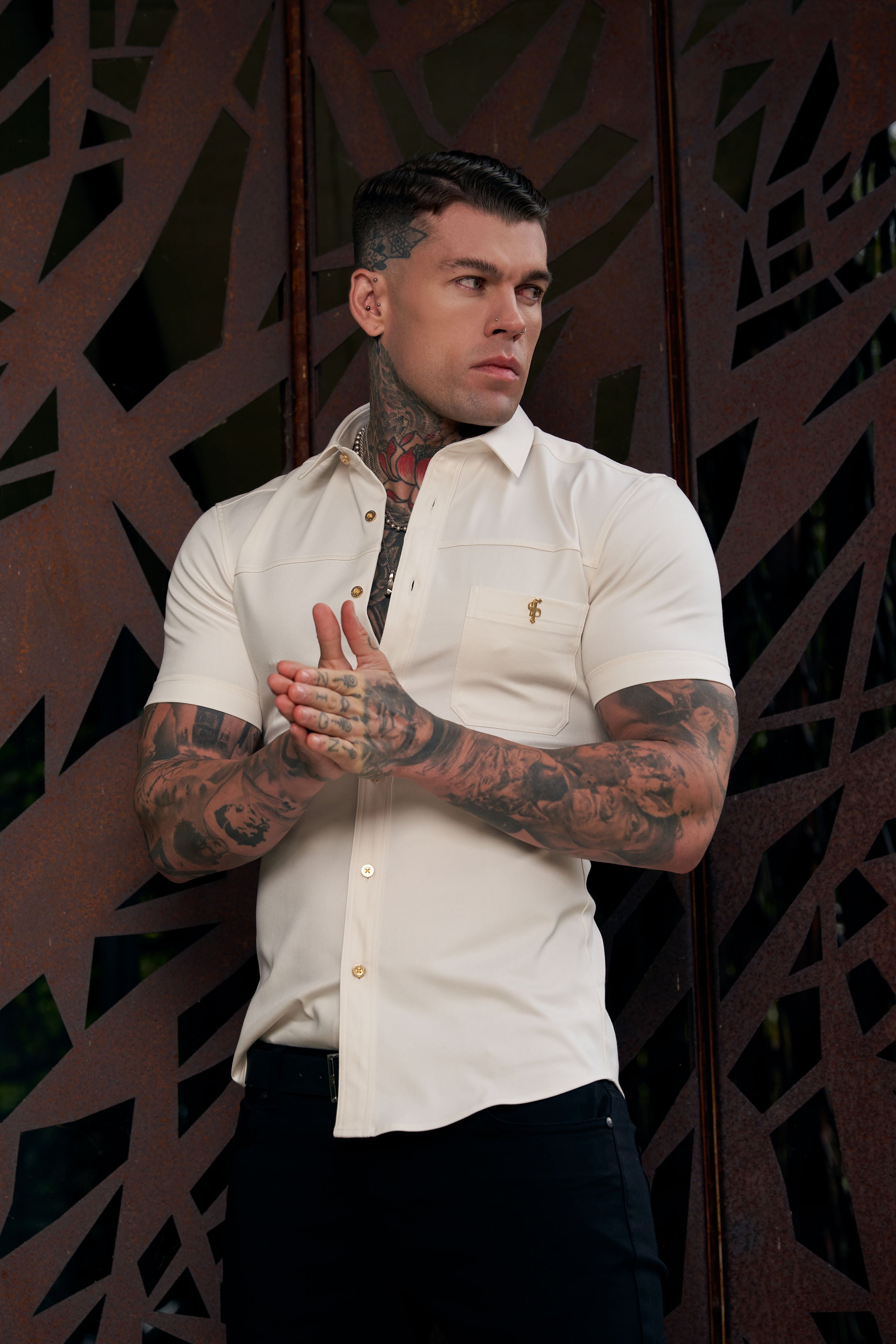 Super Slim Stretch Cream Denim Short Sleeve with Horizontal Seam and Pocket- FS955