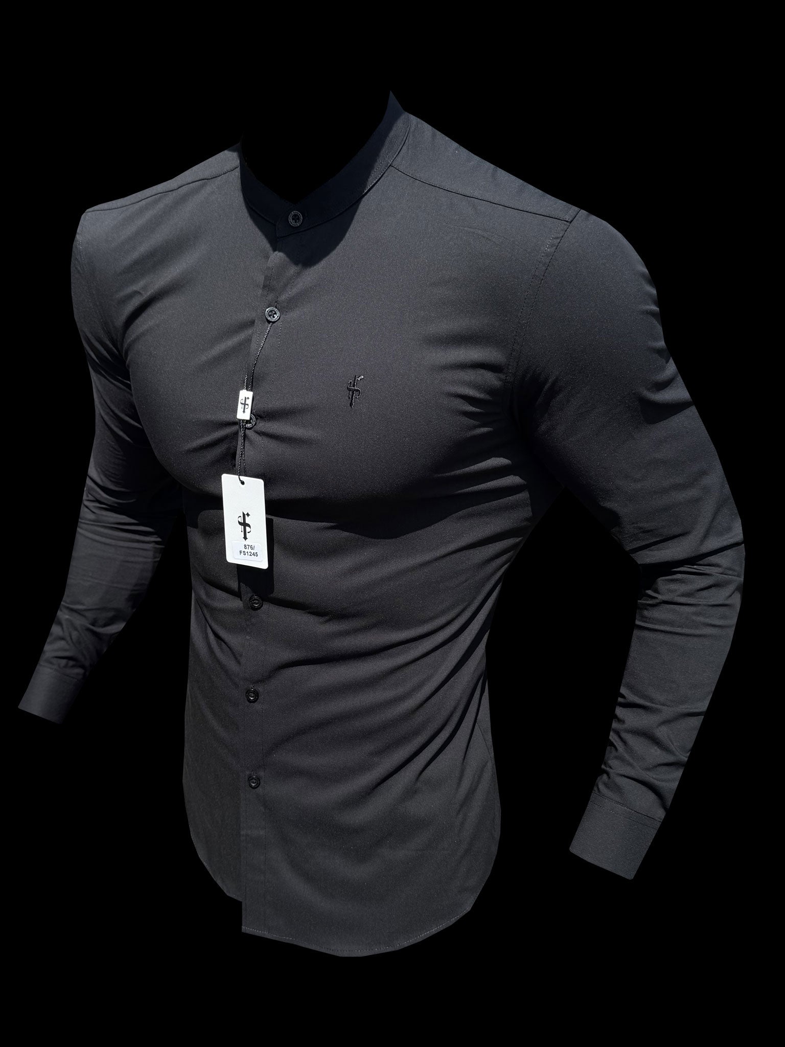 Athena Muscle Fit Advanced Stretch Black Grandad Collar Shirt - FS1245