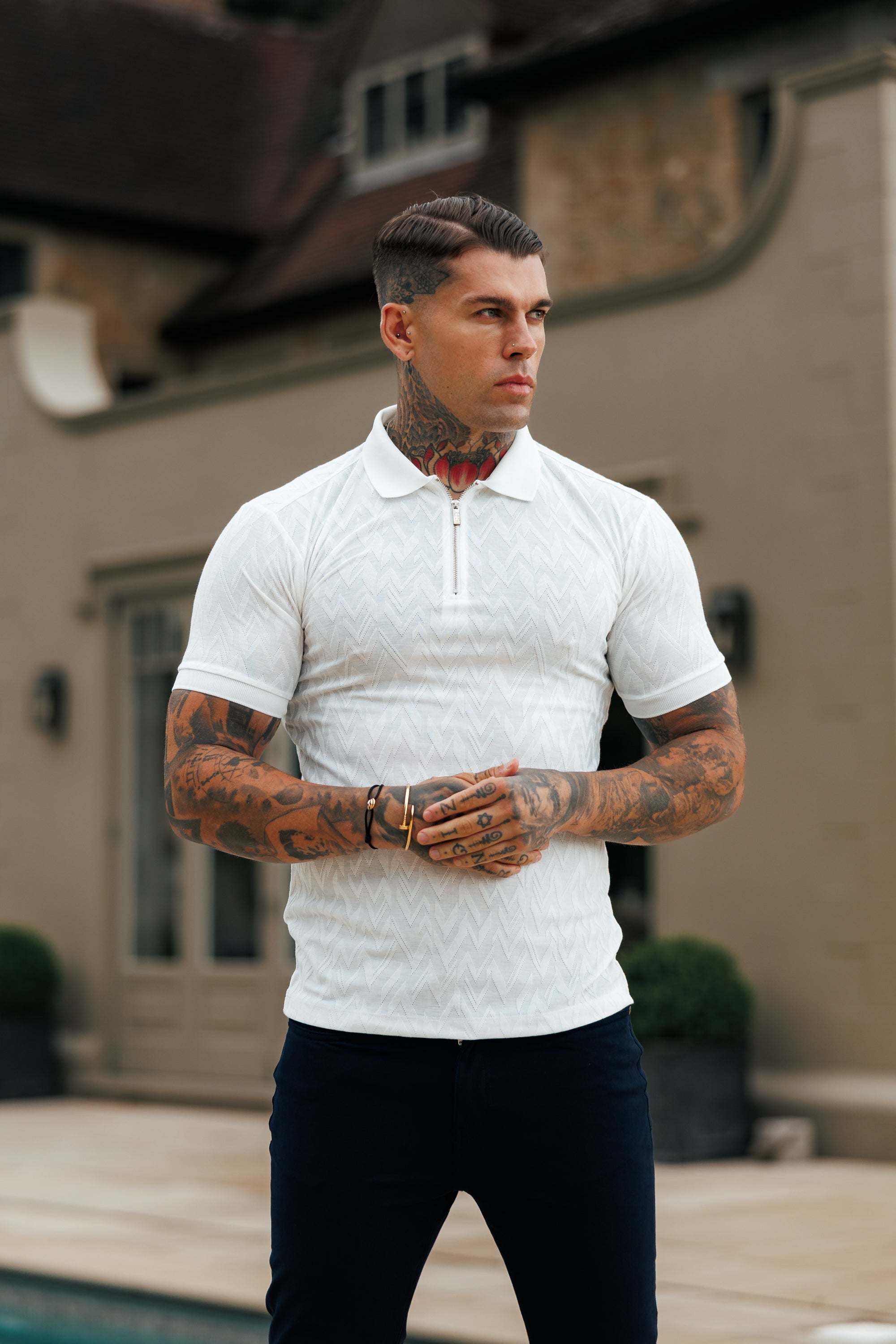 Classic Jacquard White Chevron Zipped Polo - FSR020