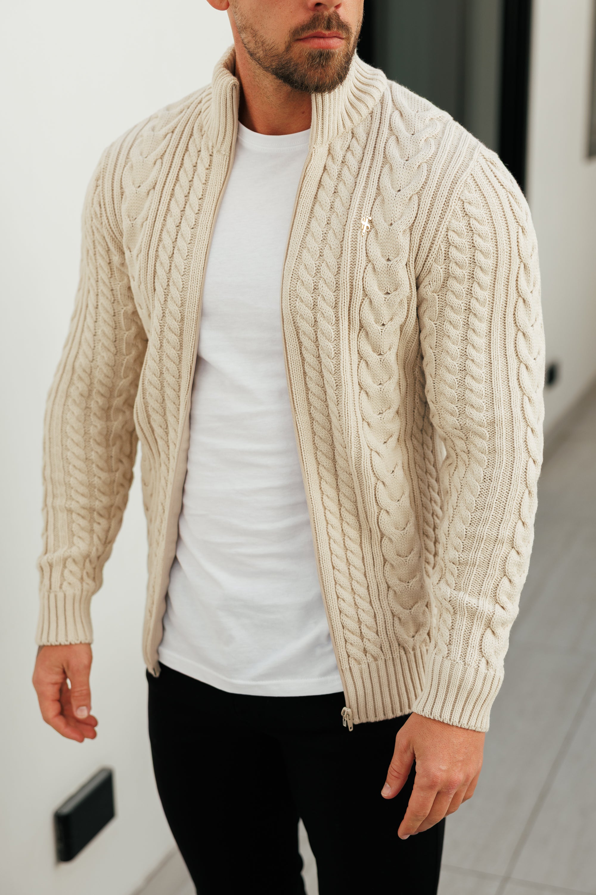 Chunky Zipped Cardigan Beige - FSJ150