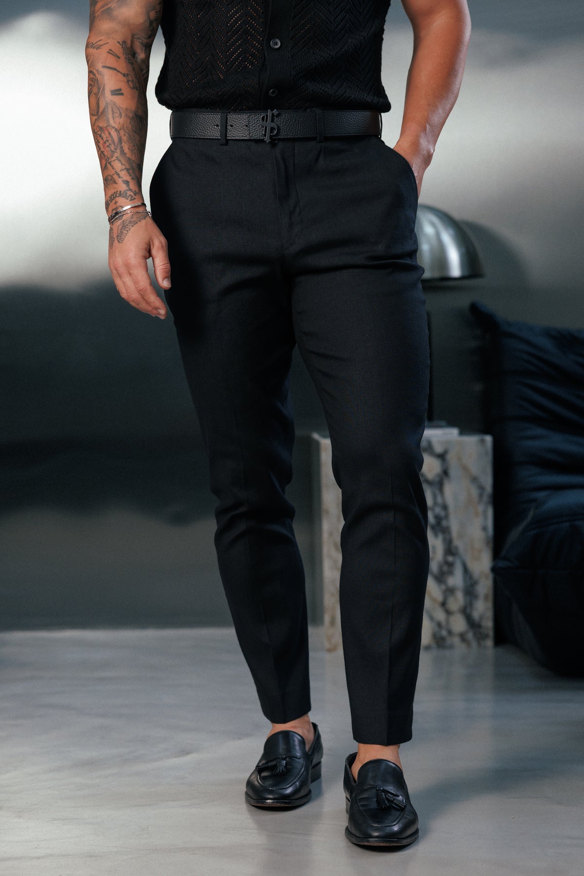 Slim Formal Black Linen Trousers With Belt Loops - FST048