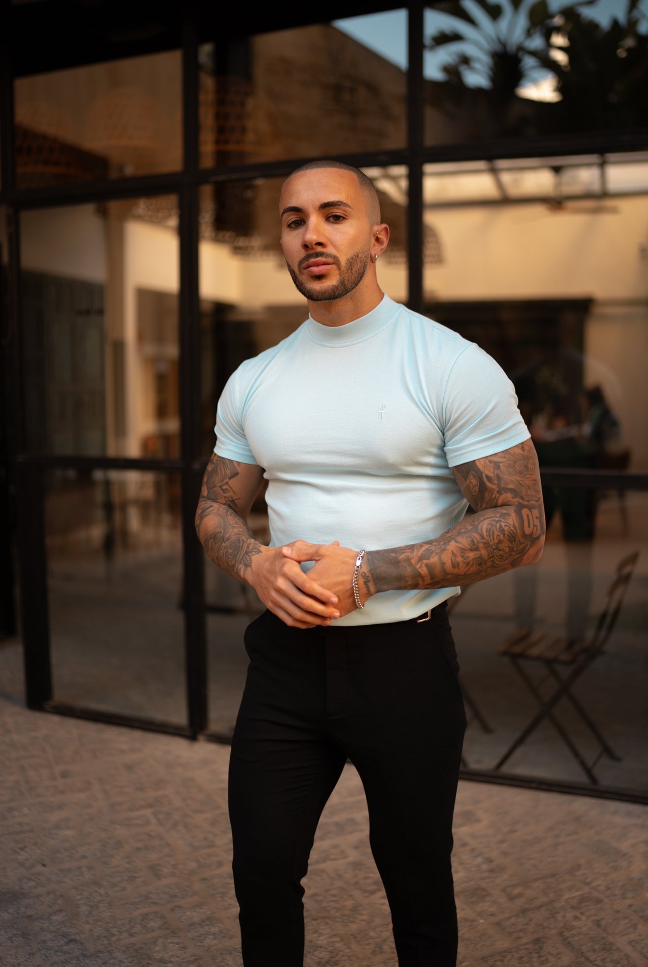 Ribbed High Neck Crew Short Sleeve Baby Blue - FSH1136