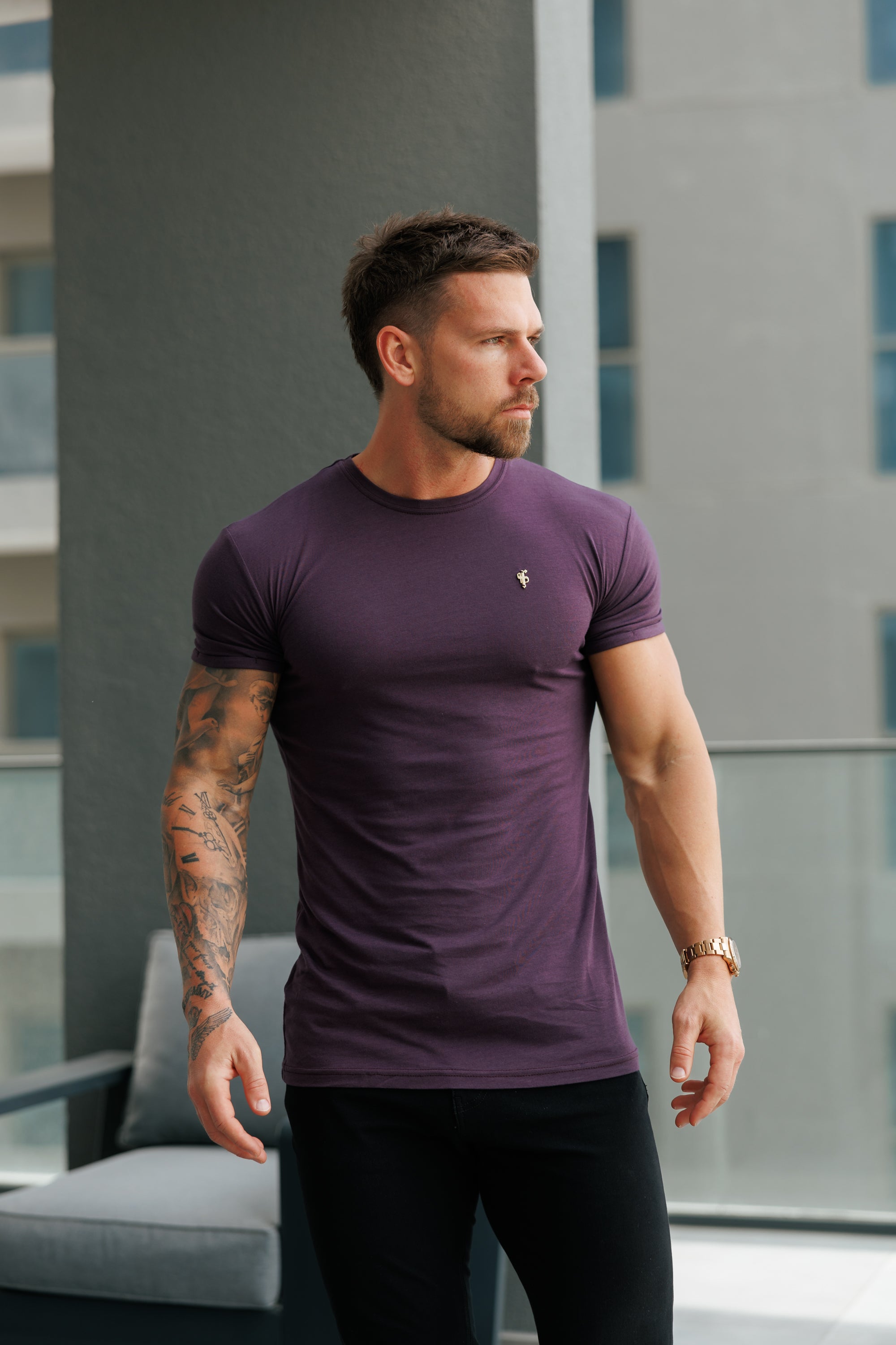 Plum / Gold Bamboo Crew T Shirt - FSH1218