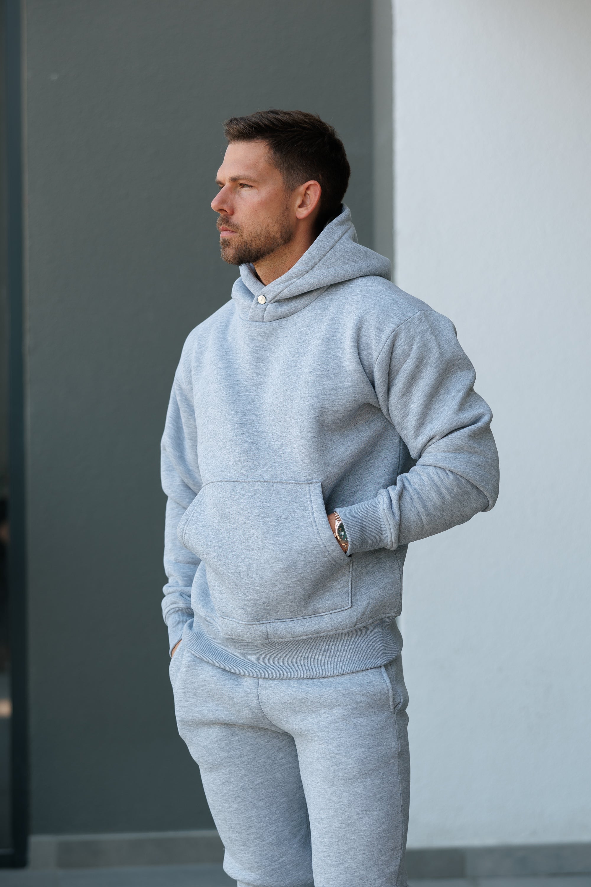 Light Marl Grey Oversized Hoodie With Functional FS Stud - FSR003