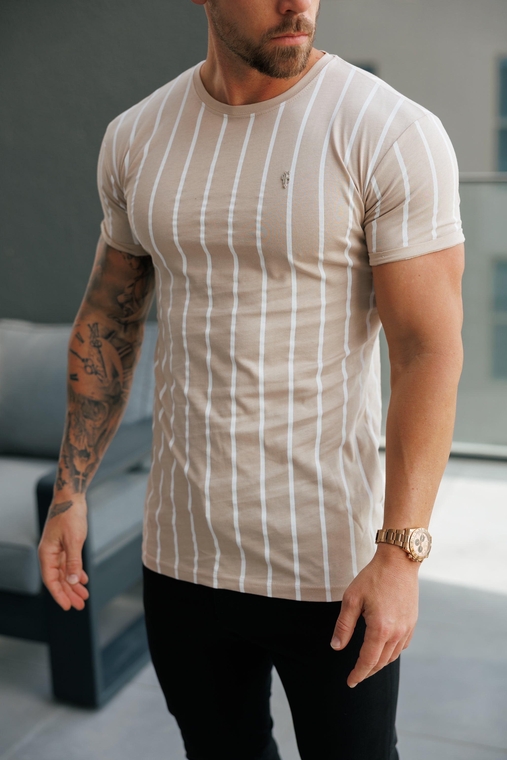 Printed Taupe / White Stripe Fitted T Shirt - FSH1170