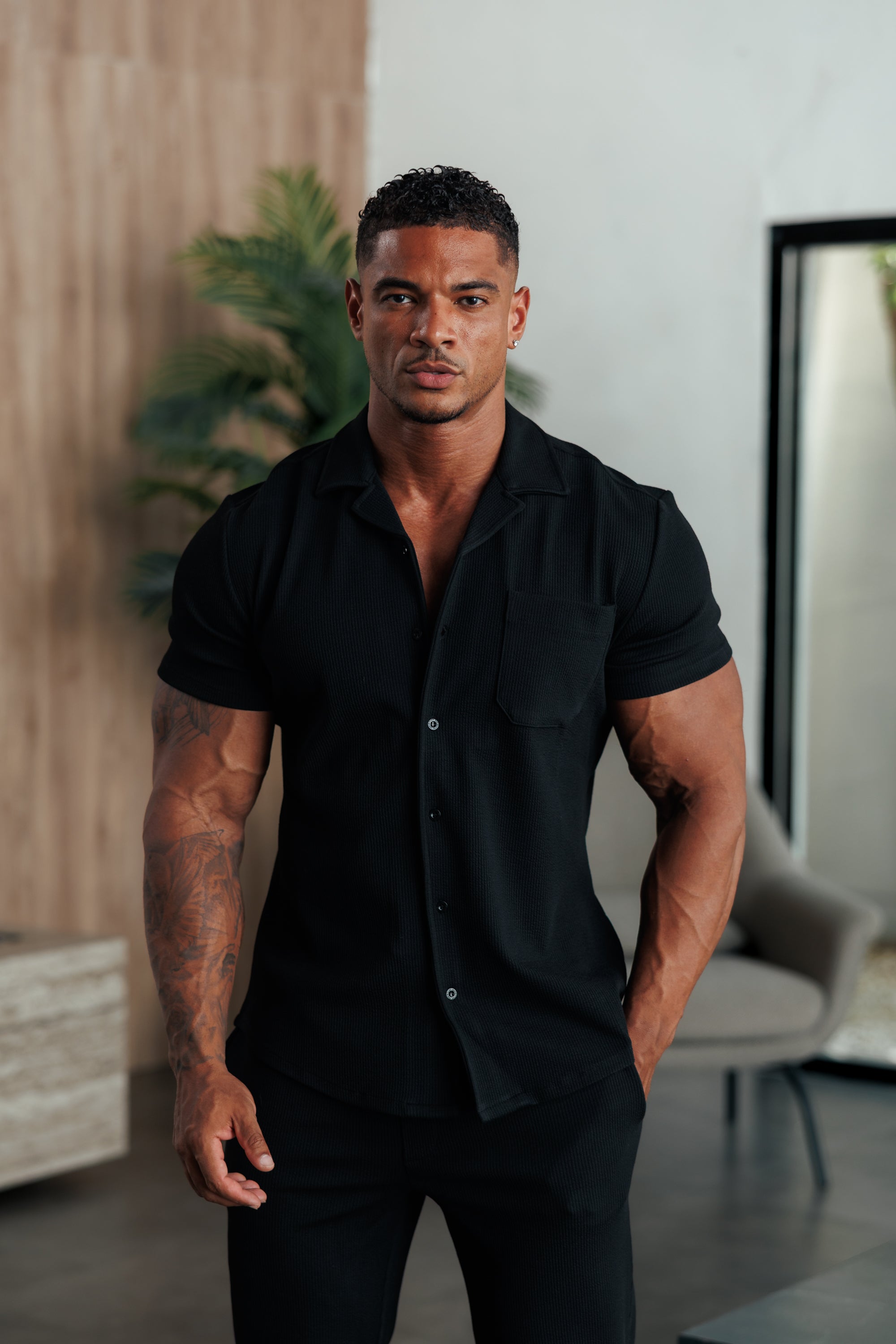 Jersey Cord Stretch Black Revere Shirt Short Sleeve - FSR018