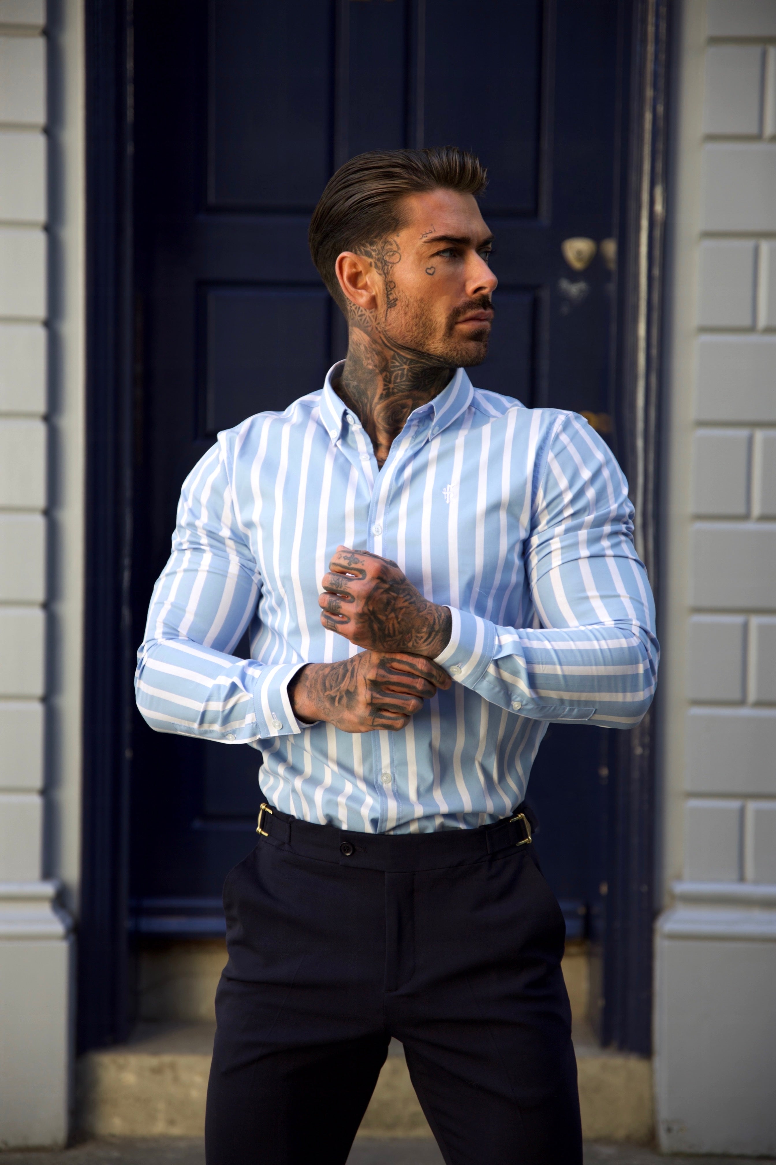 Classic Light Blue and White Deckchair Woven Stripe Long Sleeve - FS977