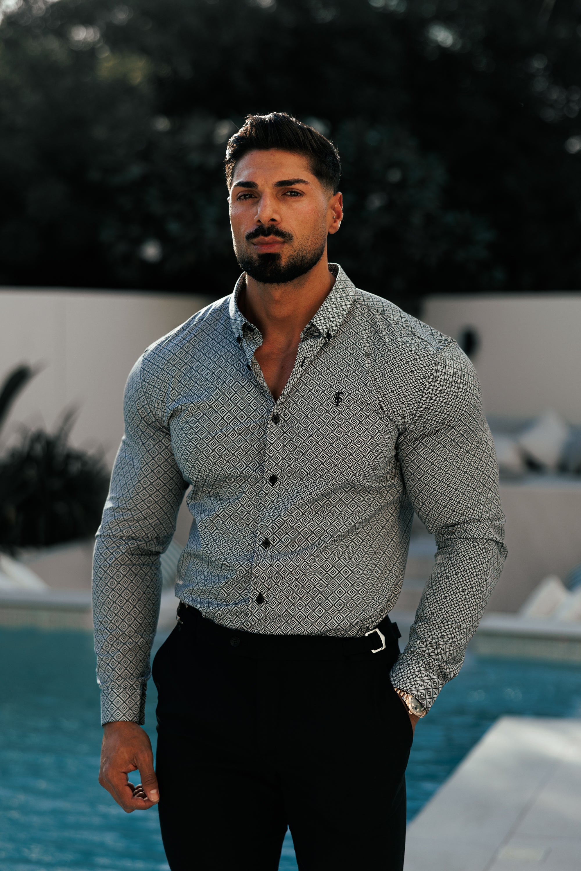 Super Slim Stretch Black / White Diamond Print Long Sleeve with Button Down Collar - FS1226