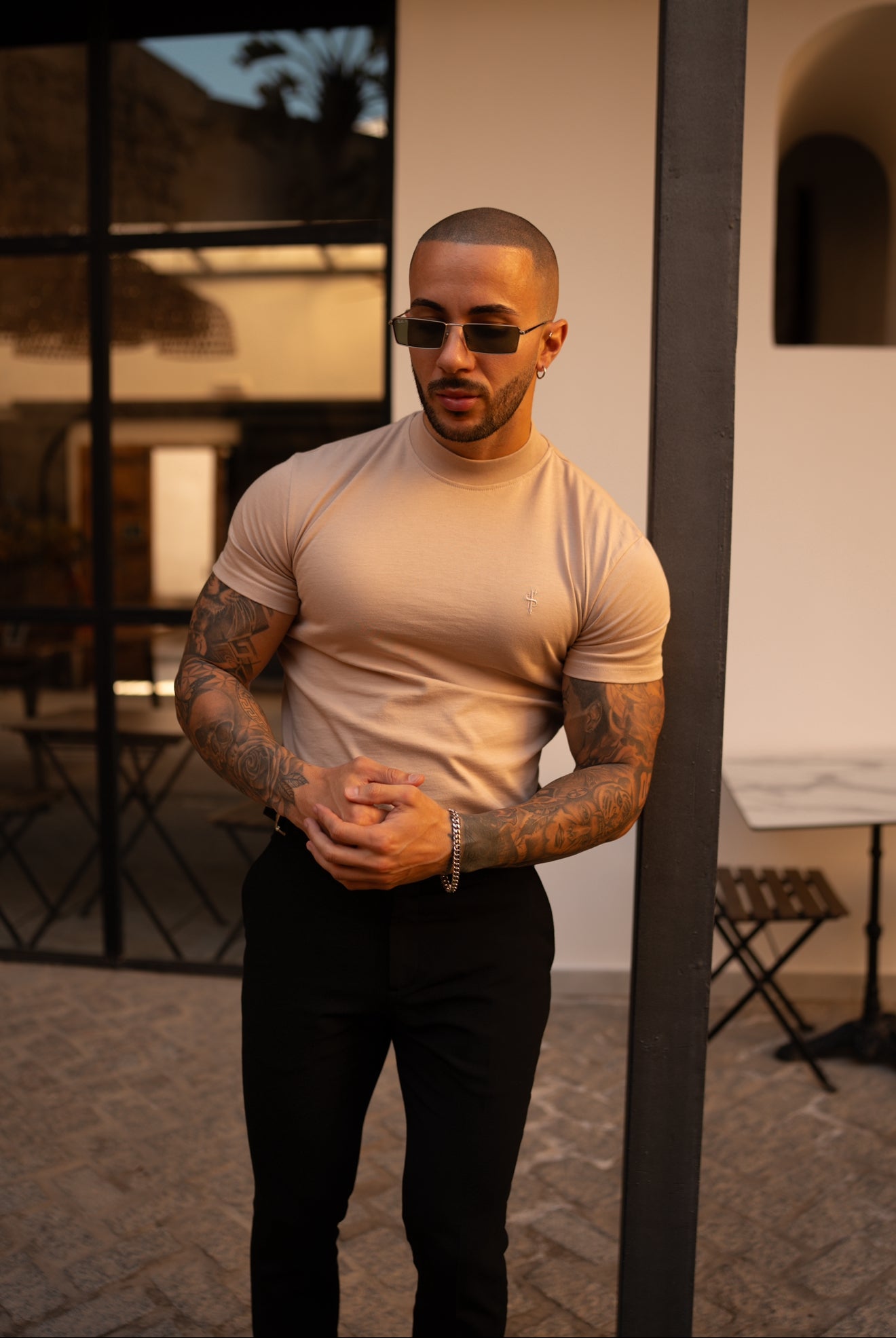 Ribbed High Neck Crew Short Sleeve Beige - FSH1141