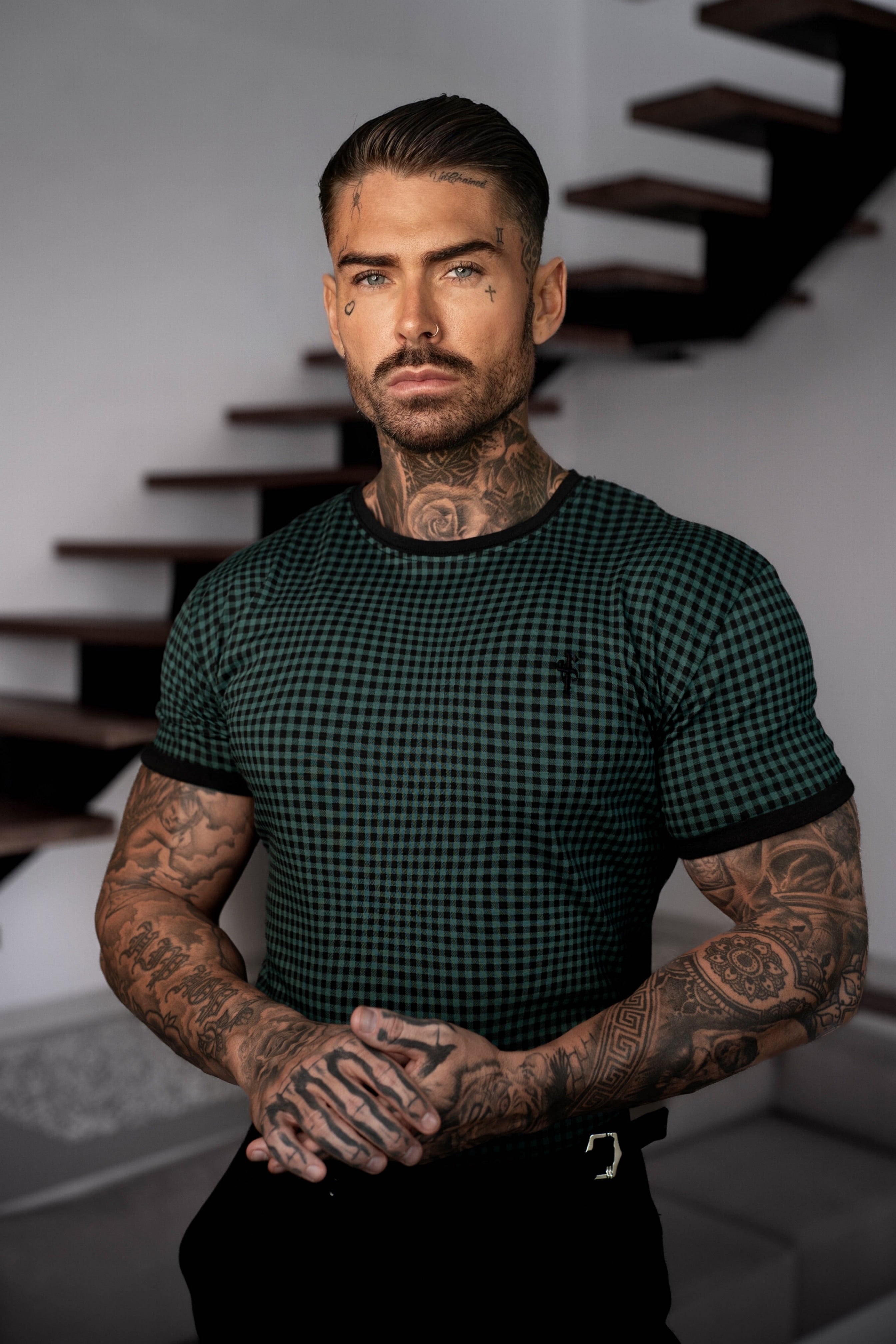 Printed Forest Green / Black Check Fitted T Shirt - FSH1241