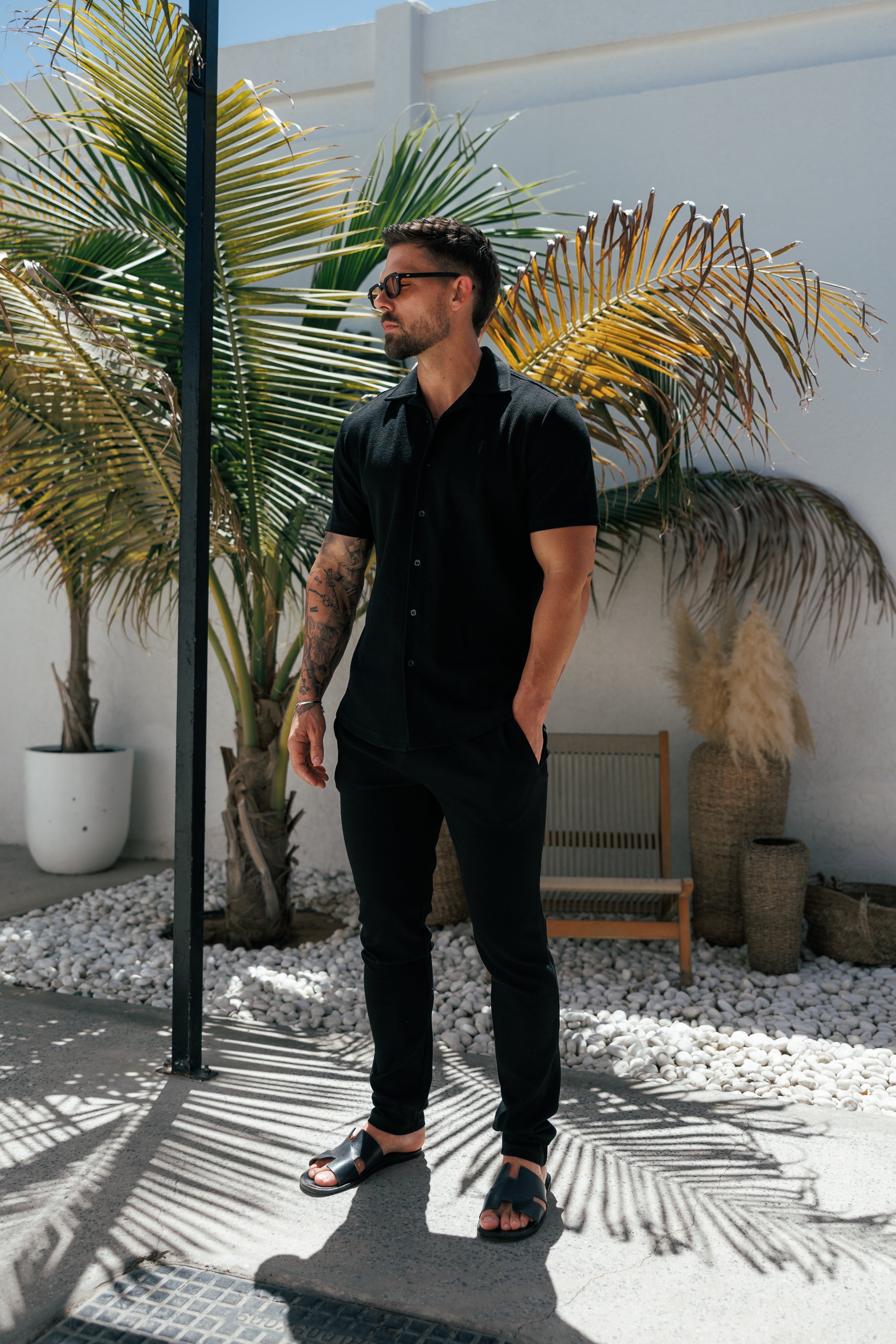 Jersey Cord Stretch Black Revere Shirt Short Sleeve - FSR070