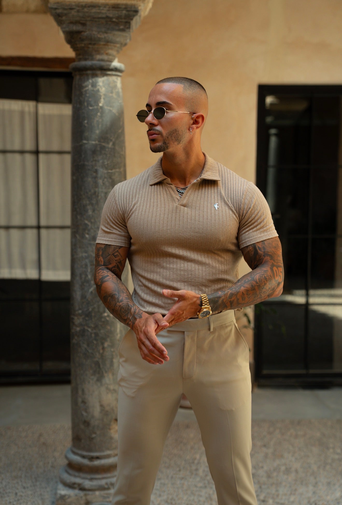 Taupe / Silver Ribbed Revere Short Sleeve Polo Shirt - FSH1467