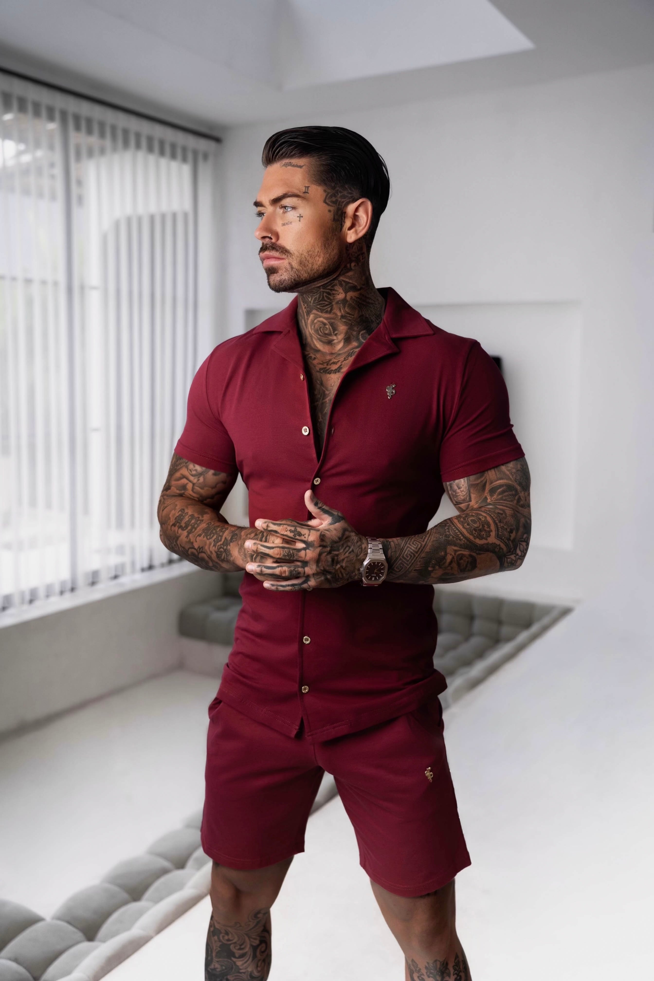 Stretch Wine / Gold Pique Revere Shirt Short Sleeve - FSH1388