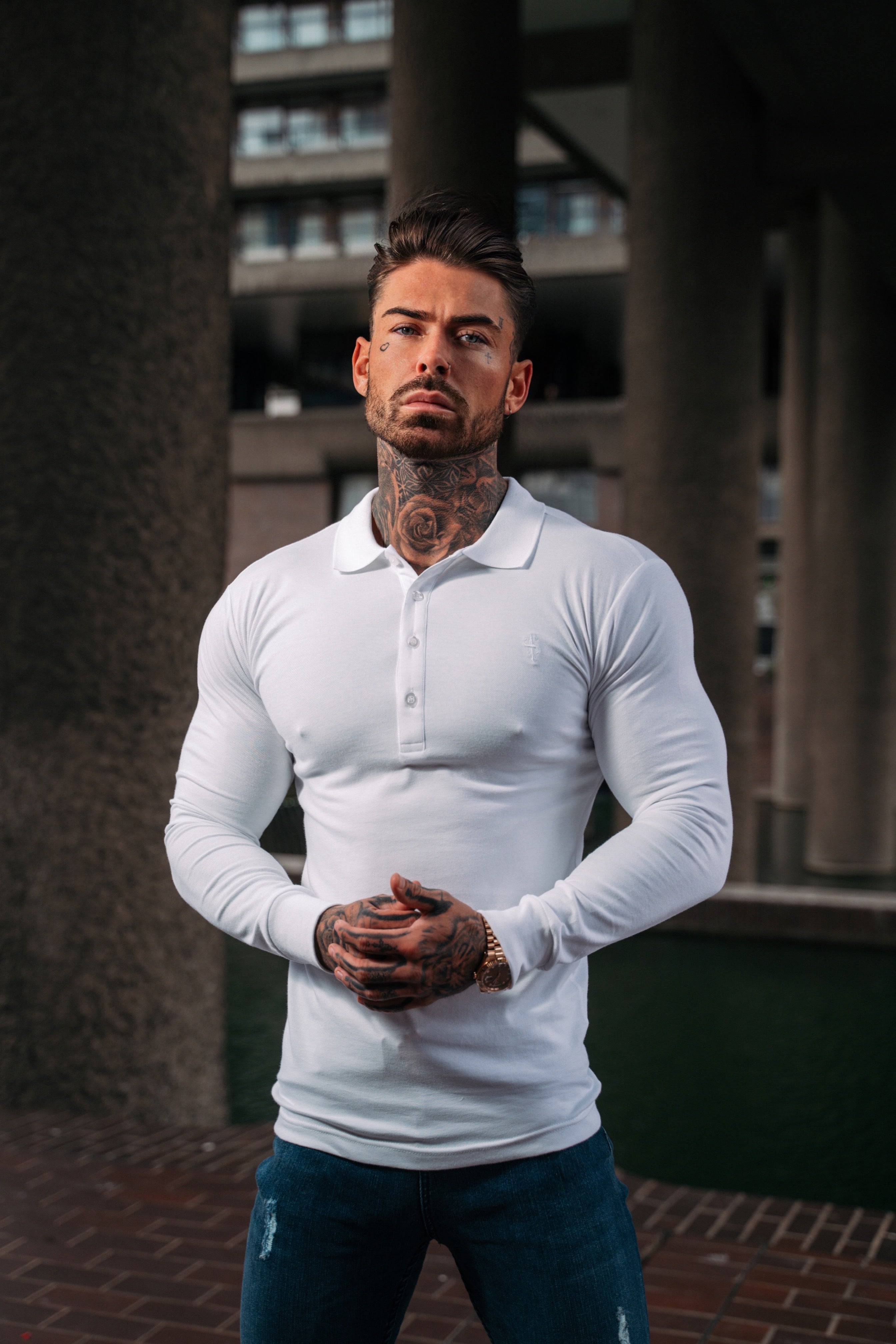 Classic White Tonal Polo Long Sleeve Shirt - FSH858