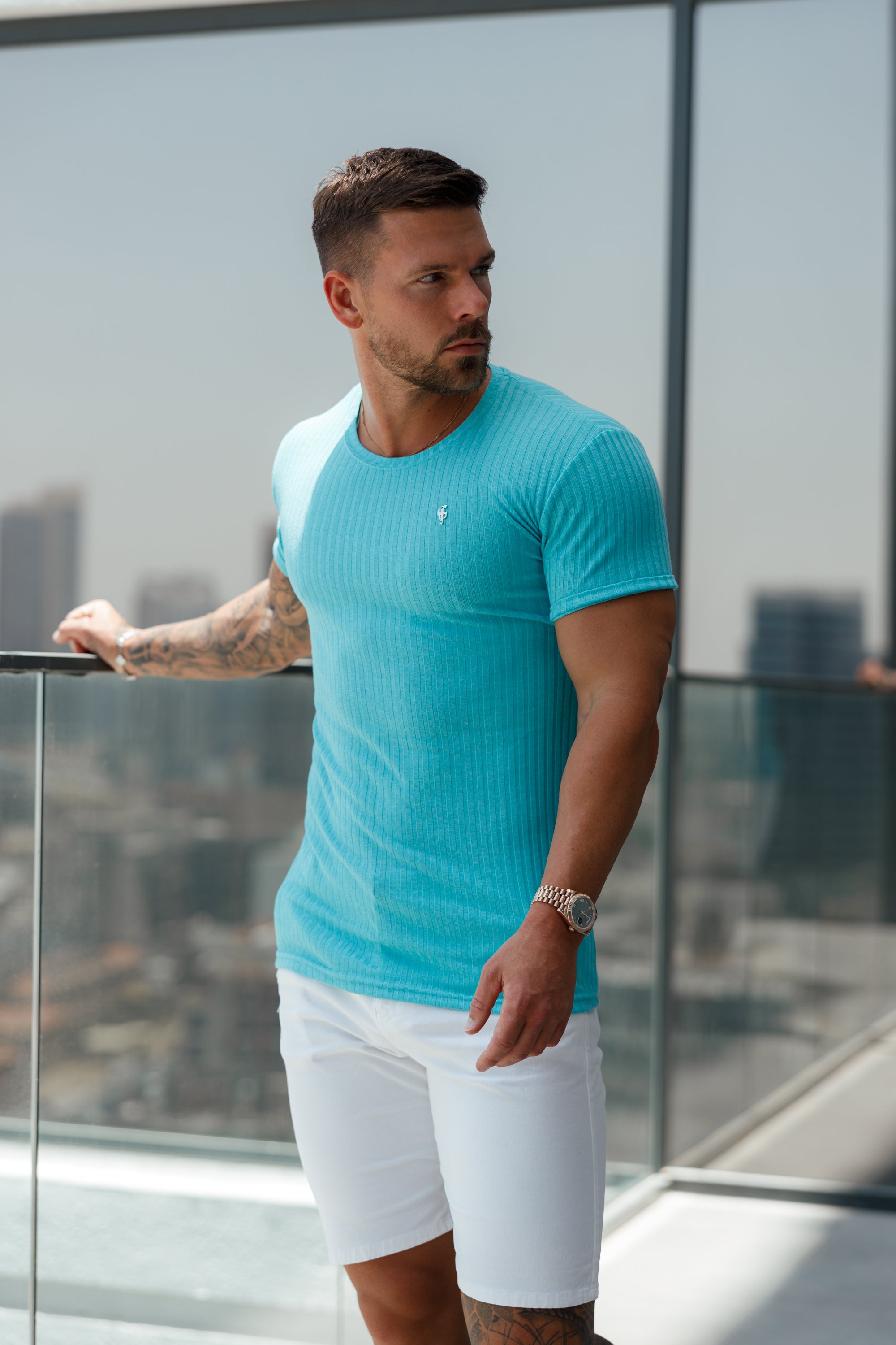 Classic Turquoise / Silver Ribbed Knit Super Slim Short Sleeve Crew - FSH1092