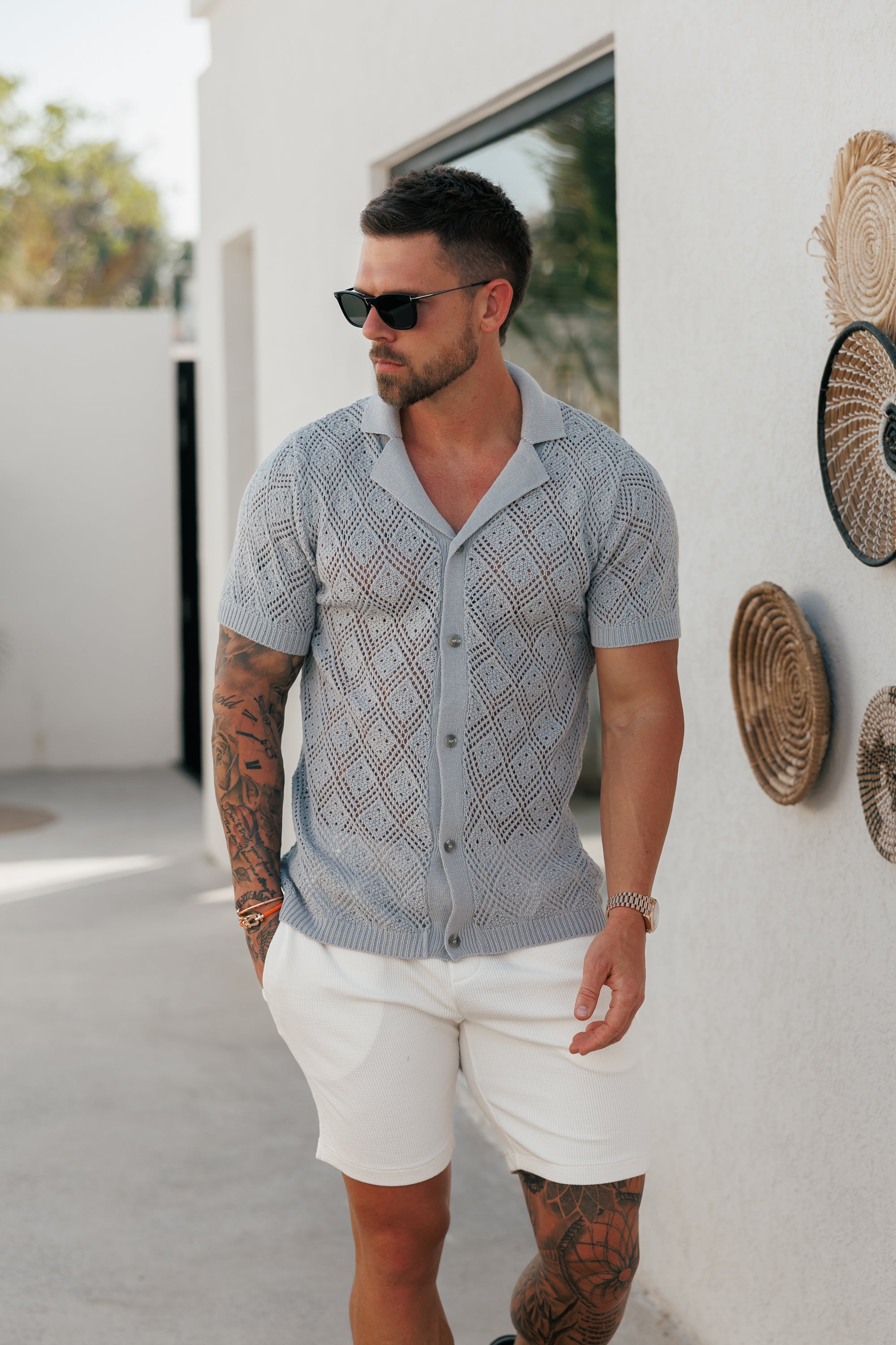 Crochet Shirt Cop Grey Short Sleeve - FSJ077