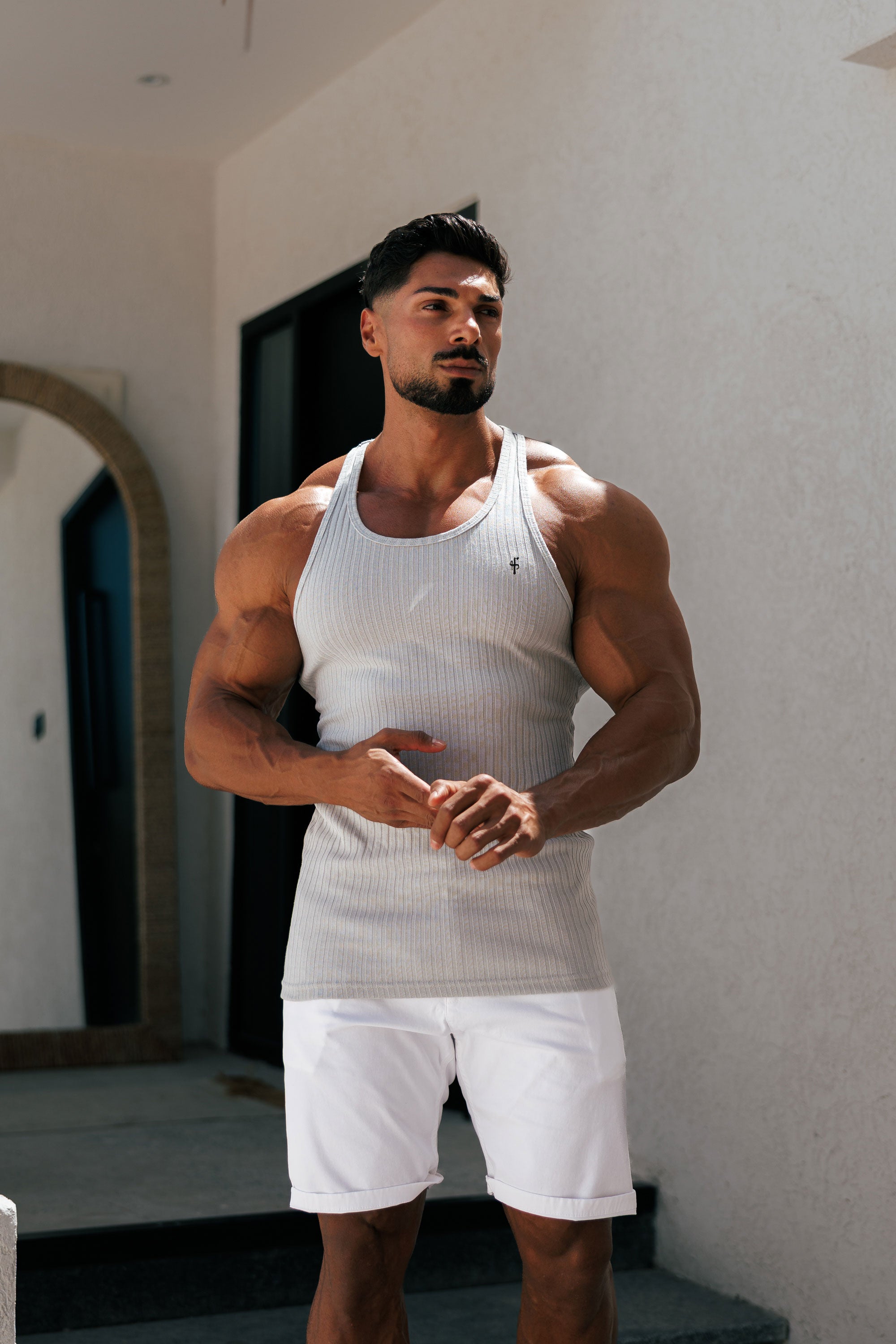 Beige / Black Ribbed Knit Super Slim Vest - Black Emb