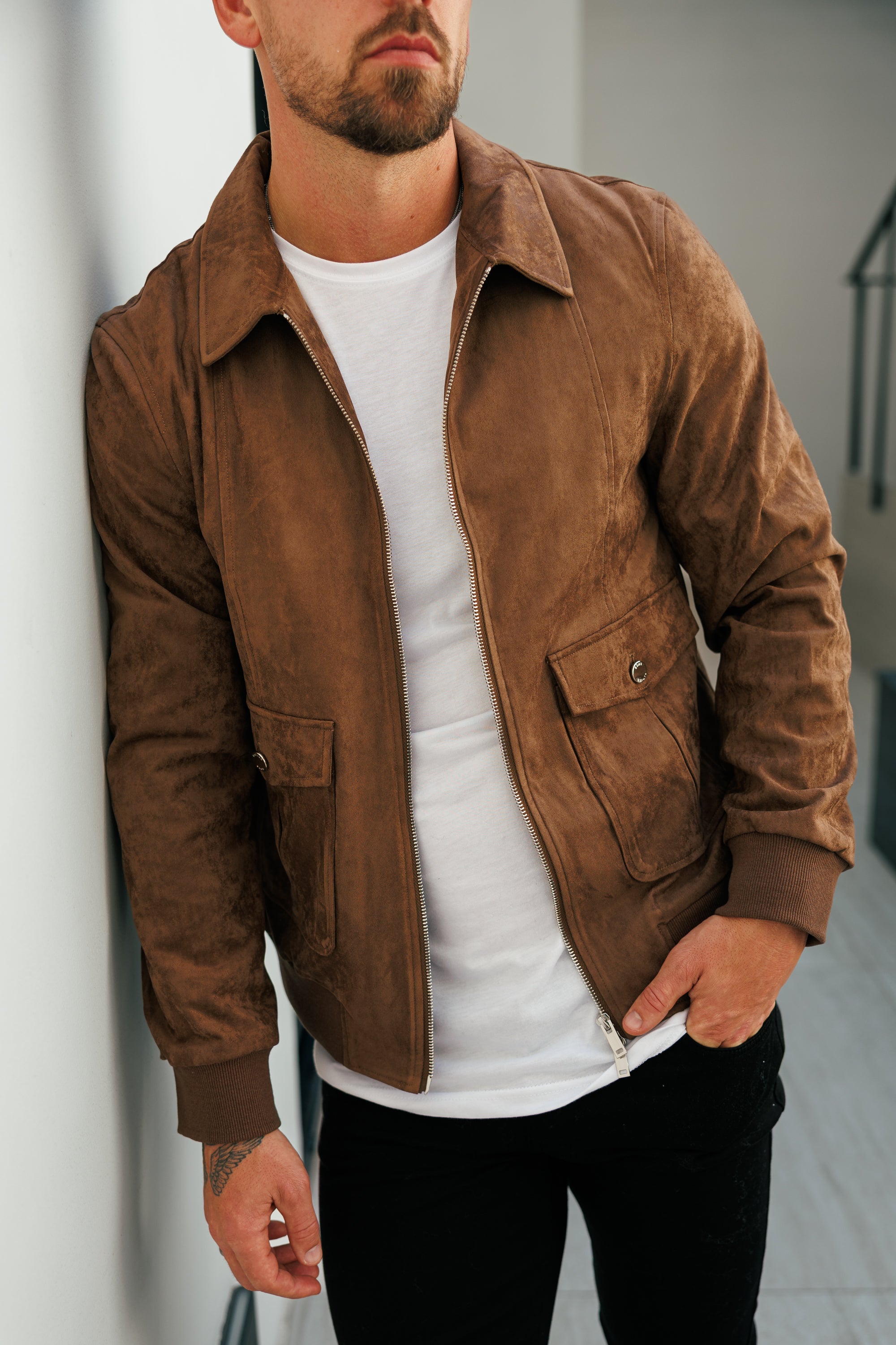Suede Feel Light Brown Bomber Jacket - FSN229