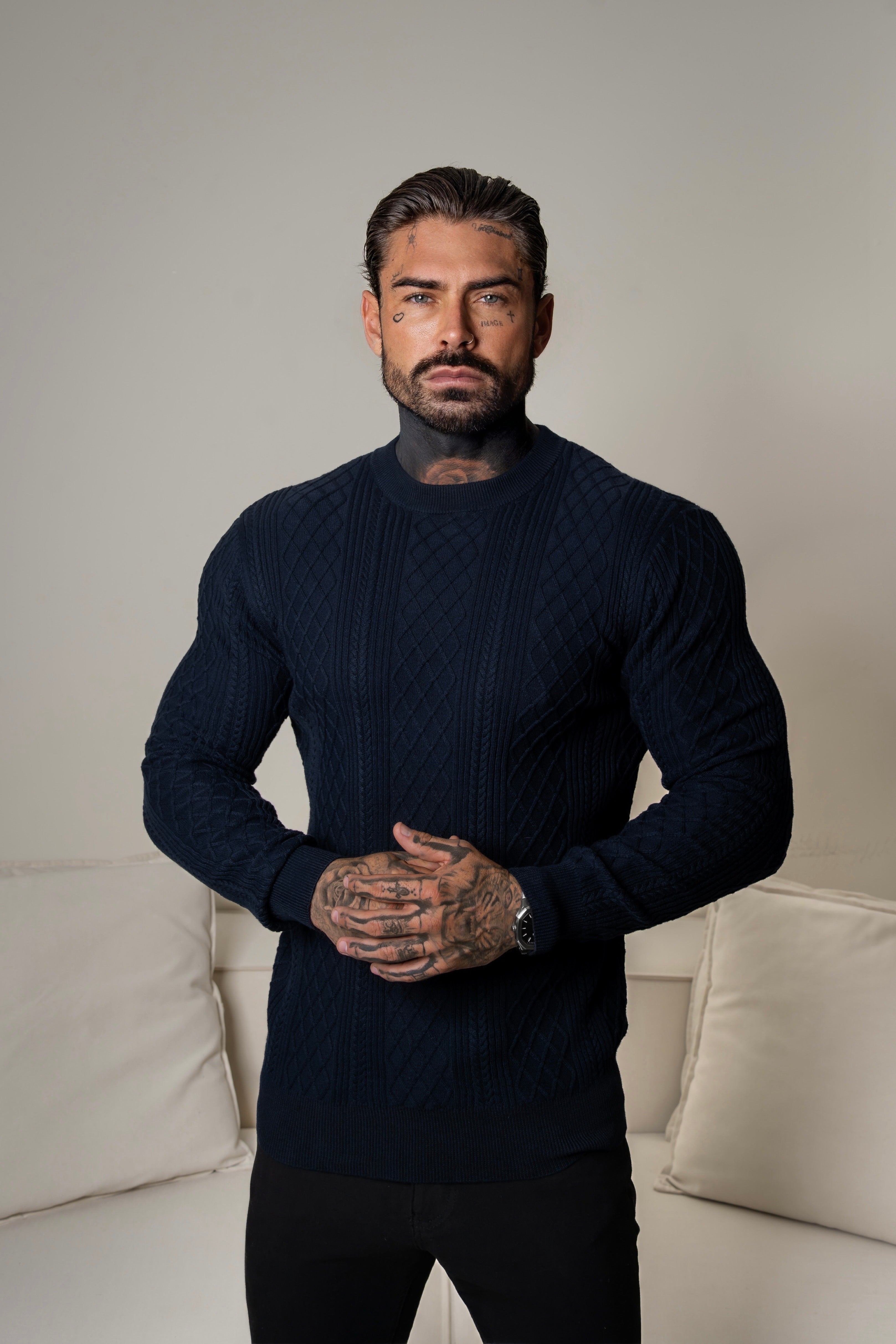 Fine Knit Diamond Navy Jumper Long Sleeve - FSA007