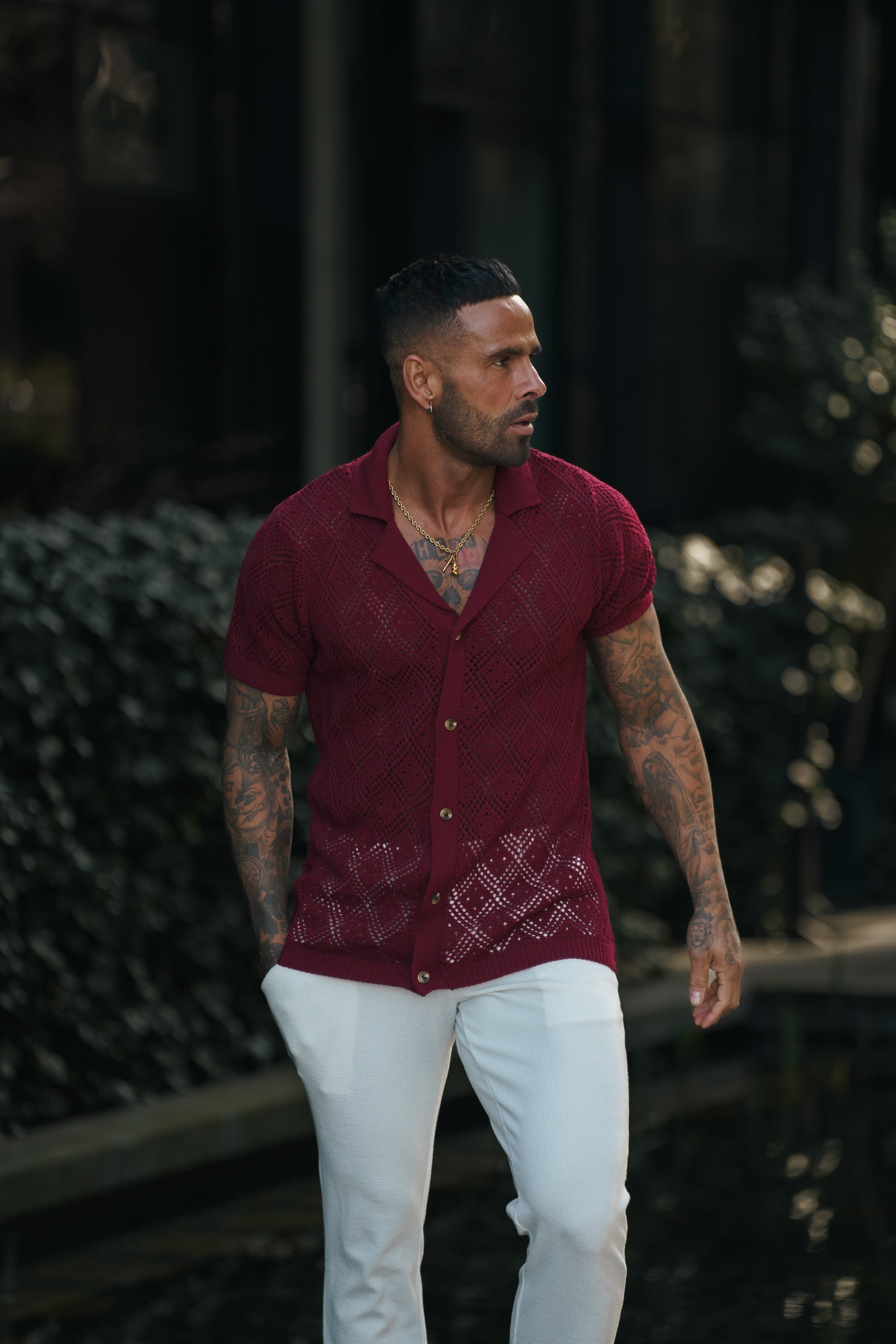 Crochet Shirt Wine Short Sleeve - FSJ082