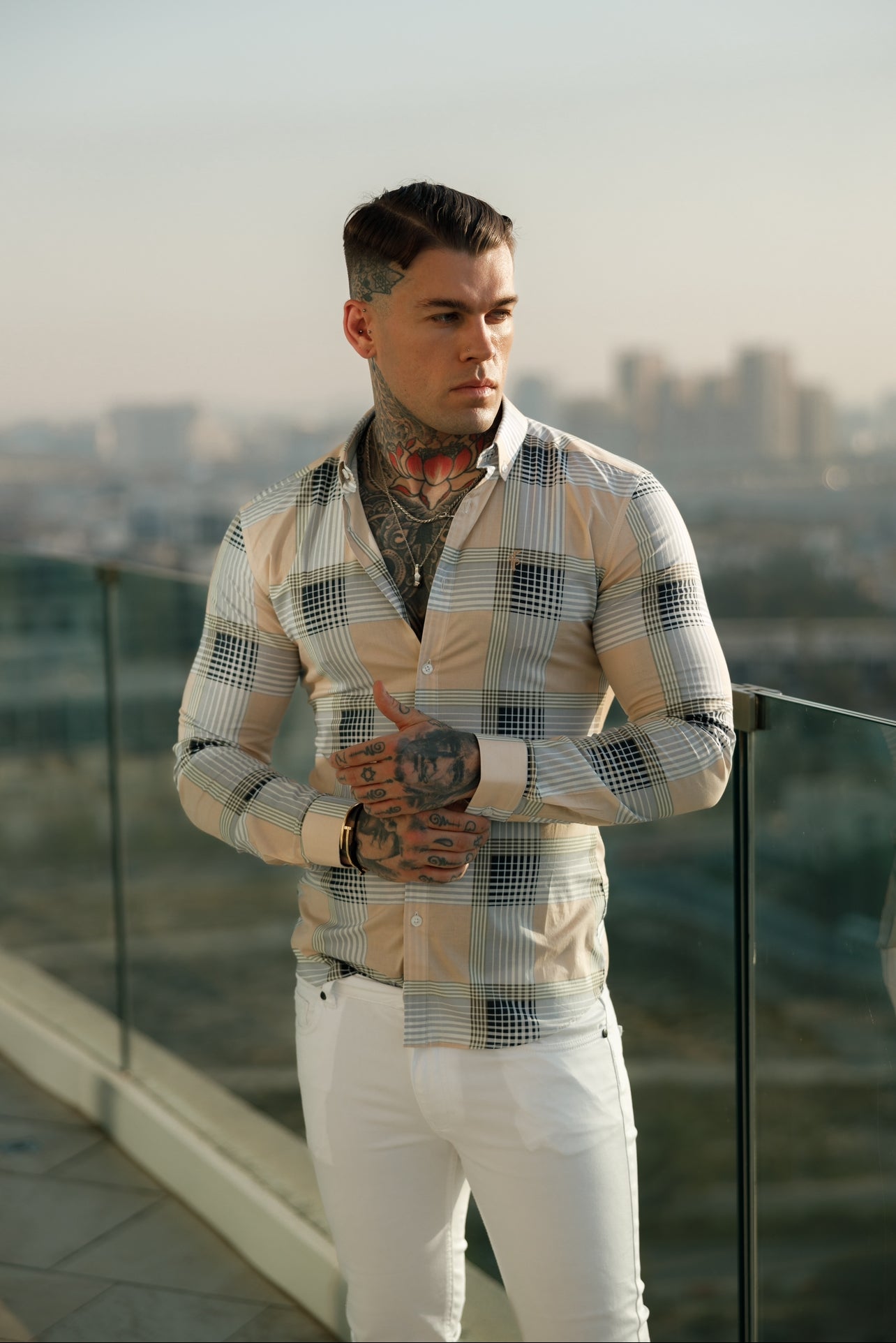 Super Slim Stretch Peach / Grey Check Print Long Sleeve with Button Down Collar - FS901