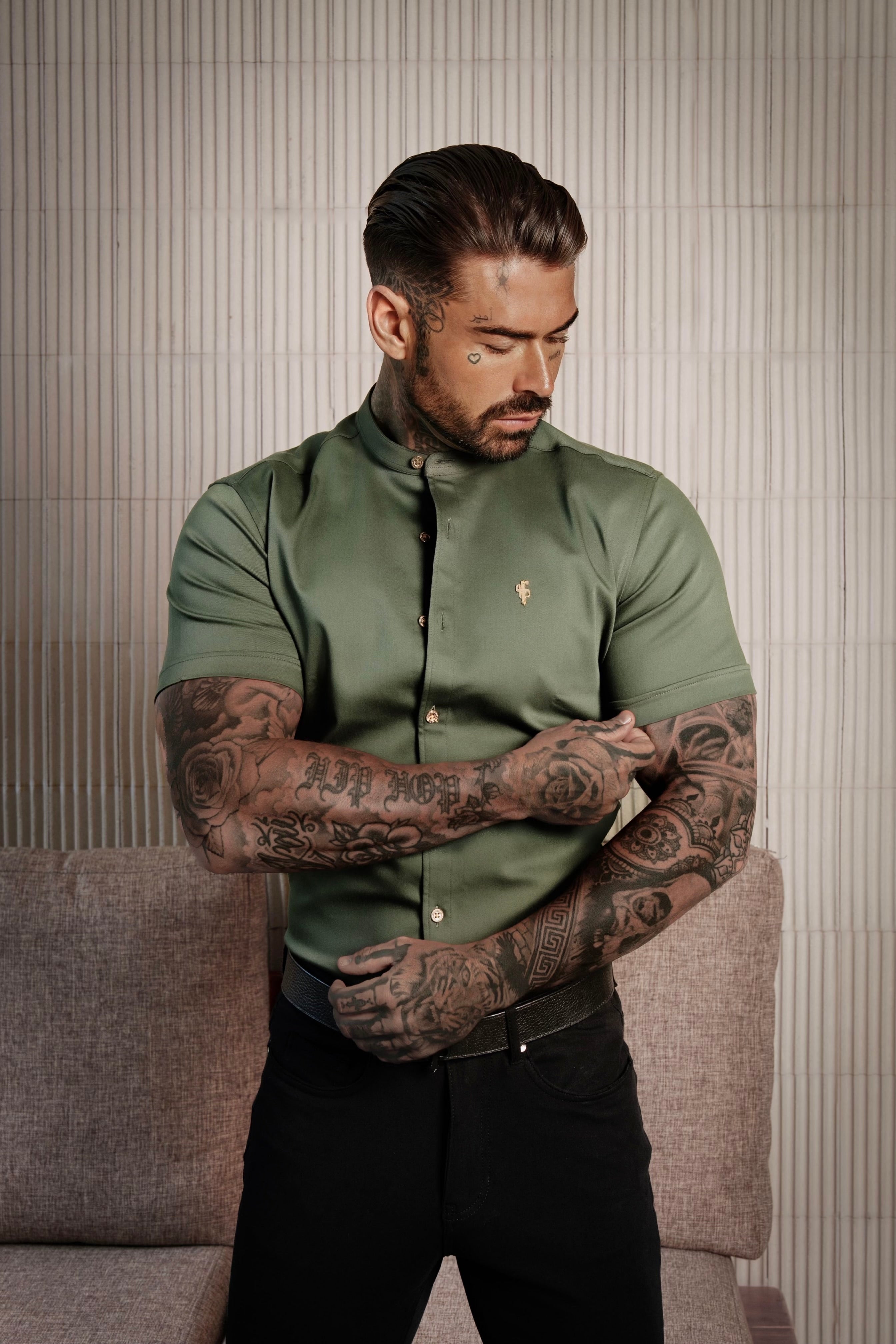 Super Slim Stretch Khaki Denim Short Sleeve Grandad collar with Metal Buttons and Decal Emblem - FS716