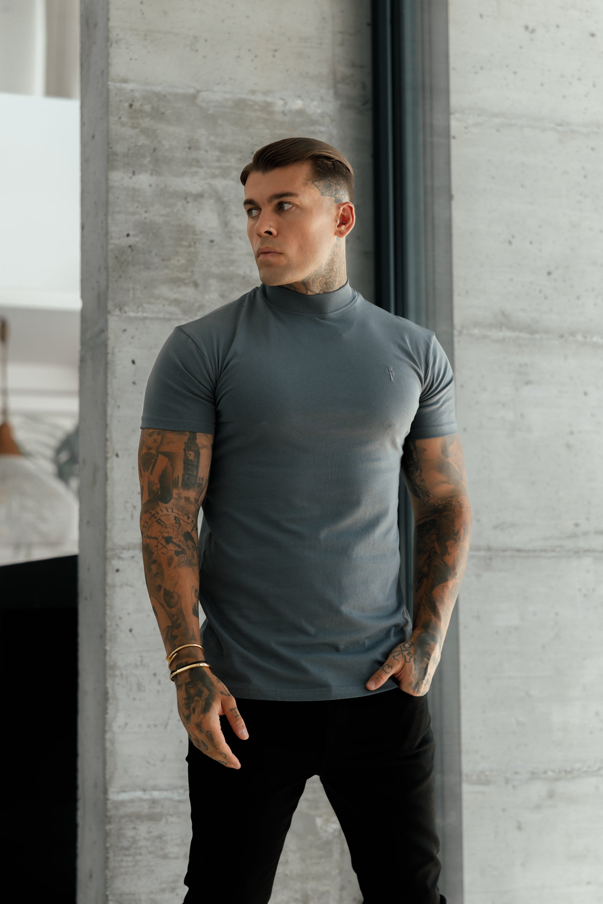 Ribbed High Neck Crew T-Shirt Short Sleeve Charcoal - FSH1115