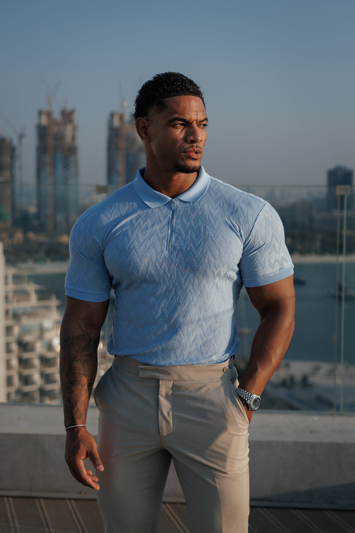 Classic Jacquard Baby Blue Chevron Zipped Polo - FSR061