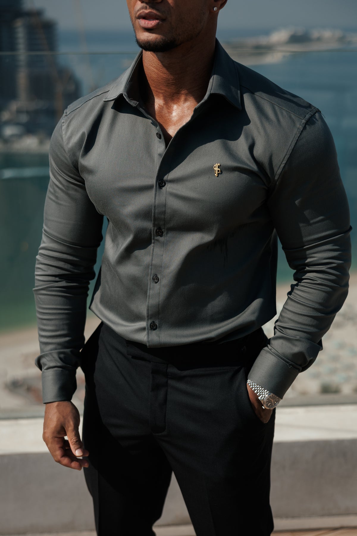 Super Slim Stretch Olive Denim Long Sleeve with Gold Metal Decal and Cutaway Collar - FS1316