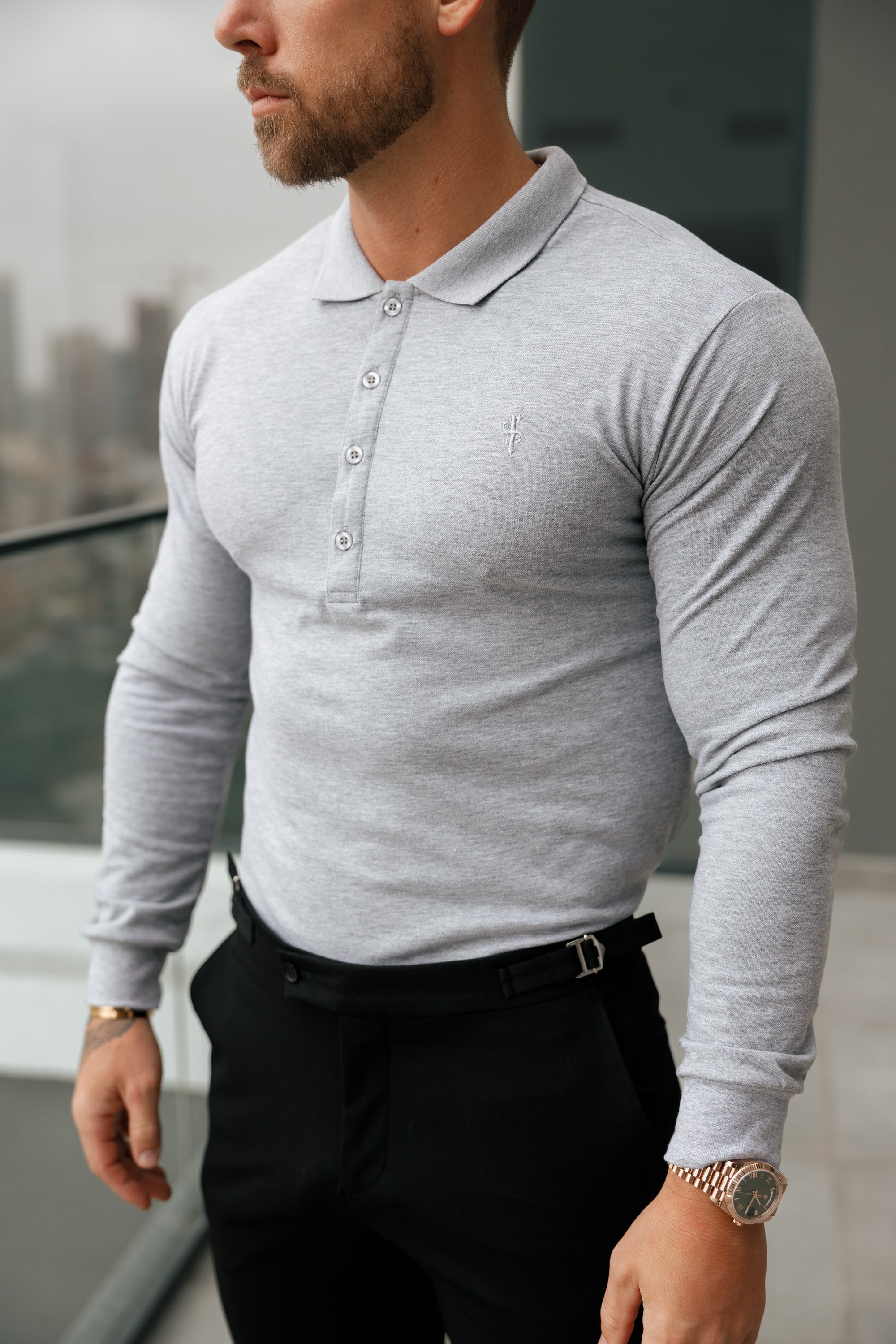 Classic Light Grey Tonal Polo Long Sleeve Shirt - FSH859