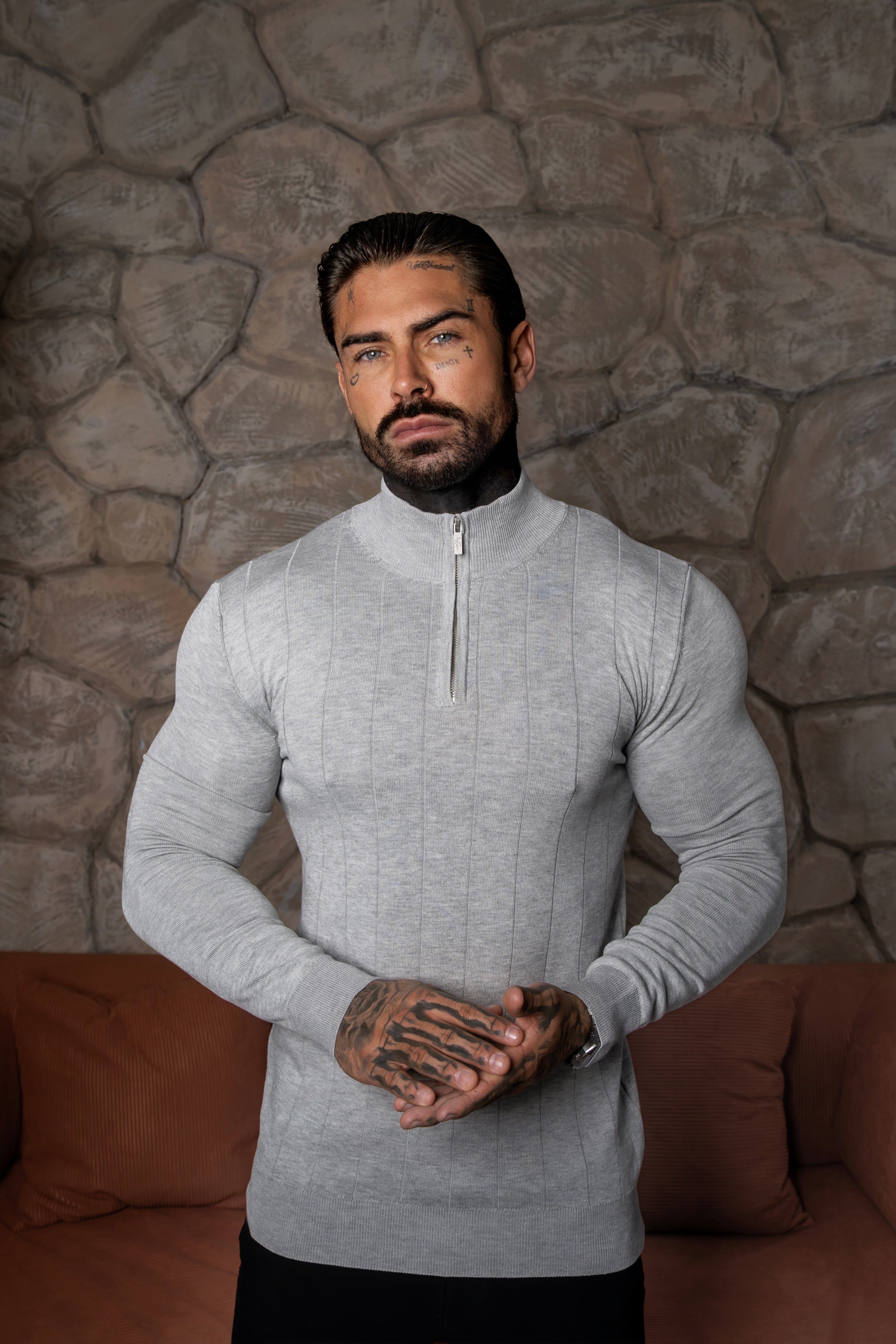 Self Stripe 1/4 Zip Funnel Neck Knit Jumper Silver Grey Long Sleeve - FSR051