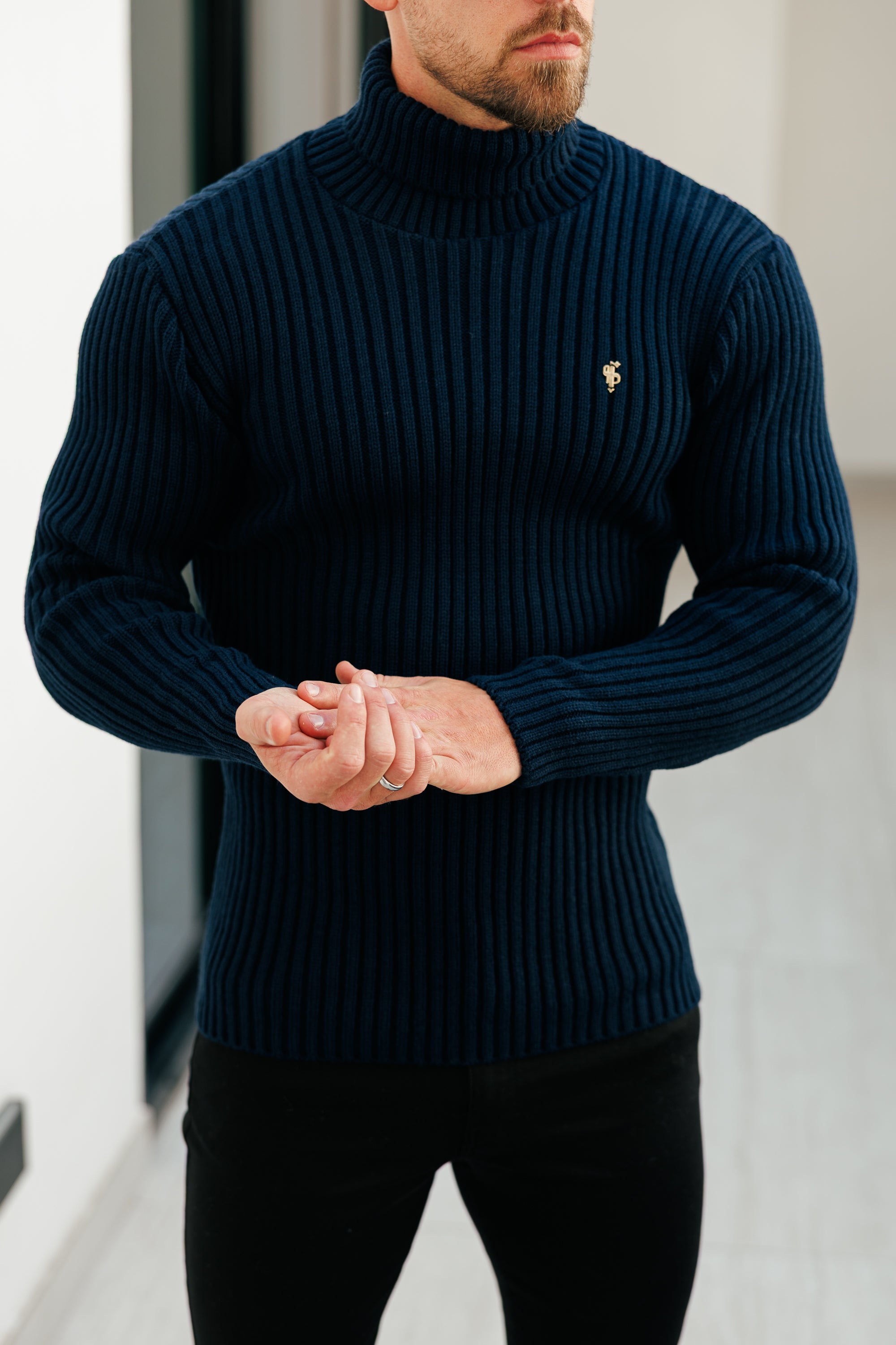 Ribbed Knit Navy Roll Neck Jumper - FSJ115