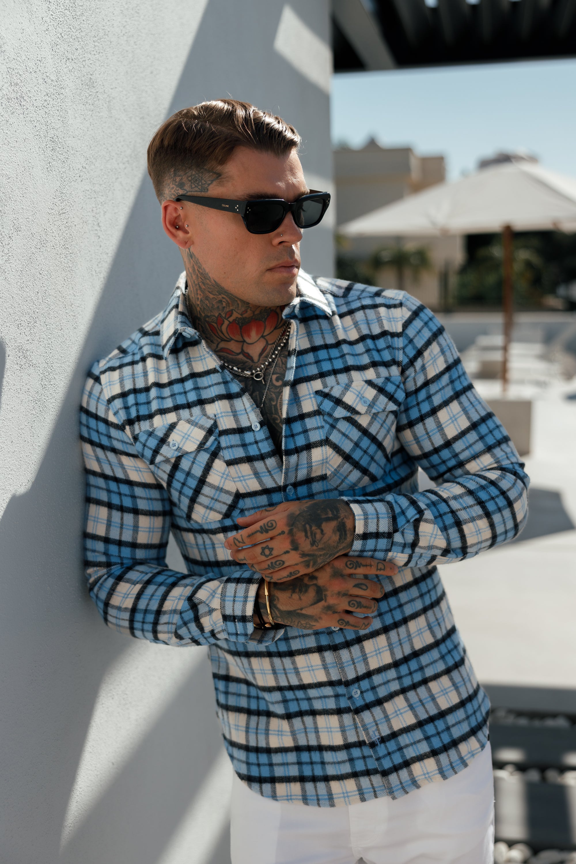 Light Blue Check Shacket With Double Pockets - FS1072