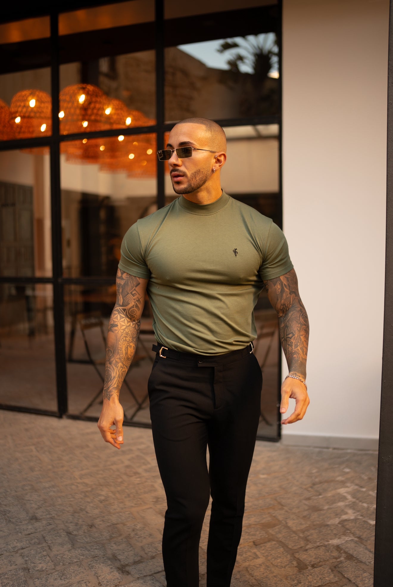 Ribbed High Neck Crew T-Shirt Short Sleeve Khaki / Black - FSH1116