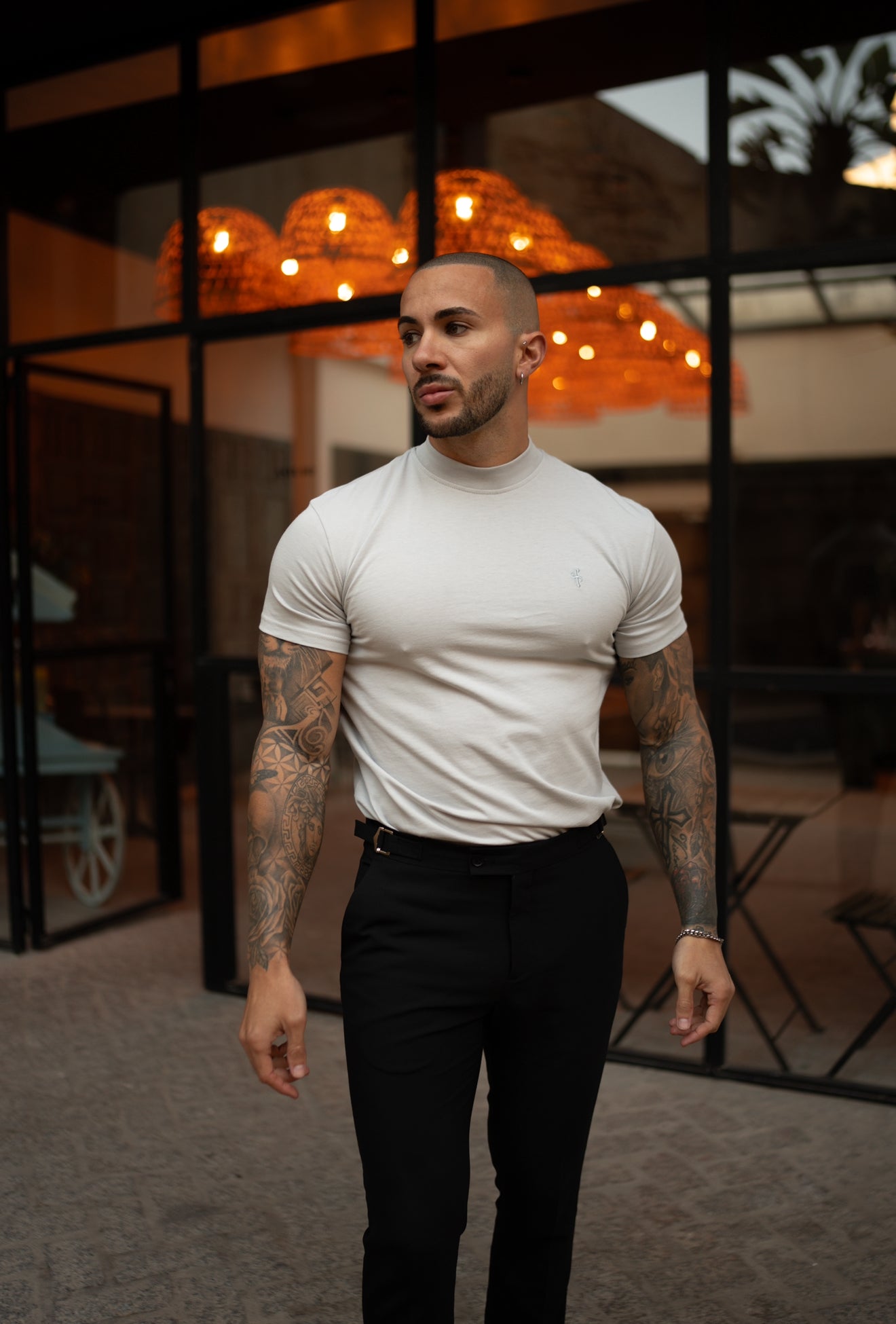Ribbed High Neck Crew Short Sleeve Light Grey - FSH1142