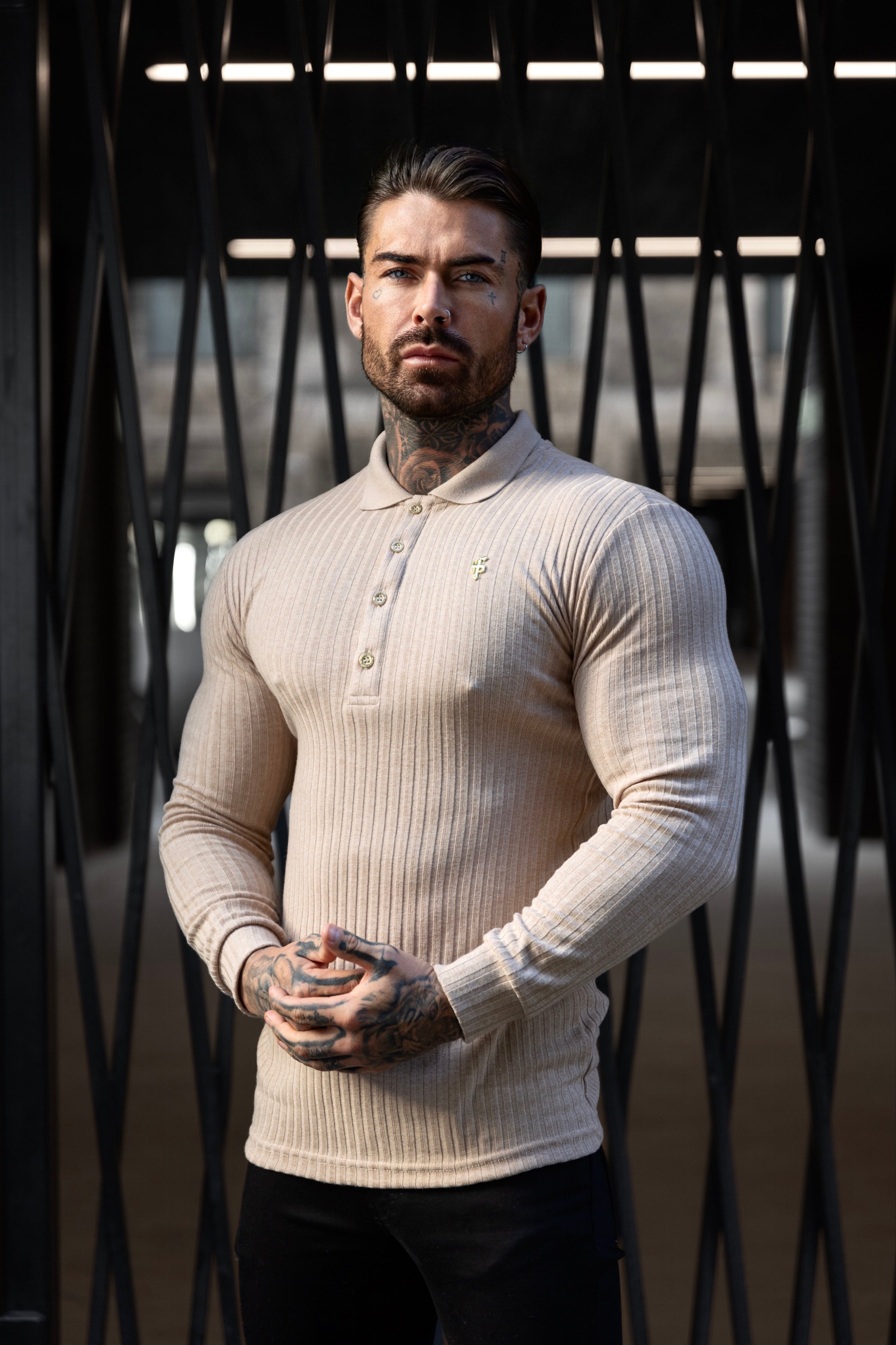 Classic Beige Ribbed Polo Shirt Long Sleeve With Gold Decal - FSH969