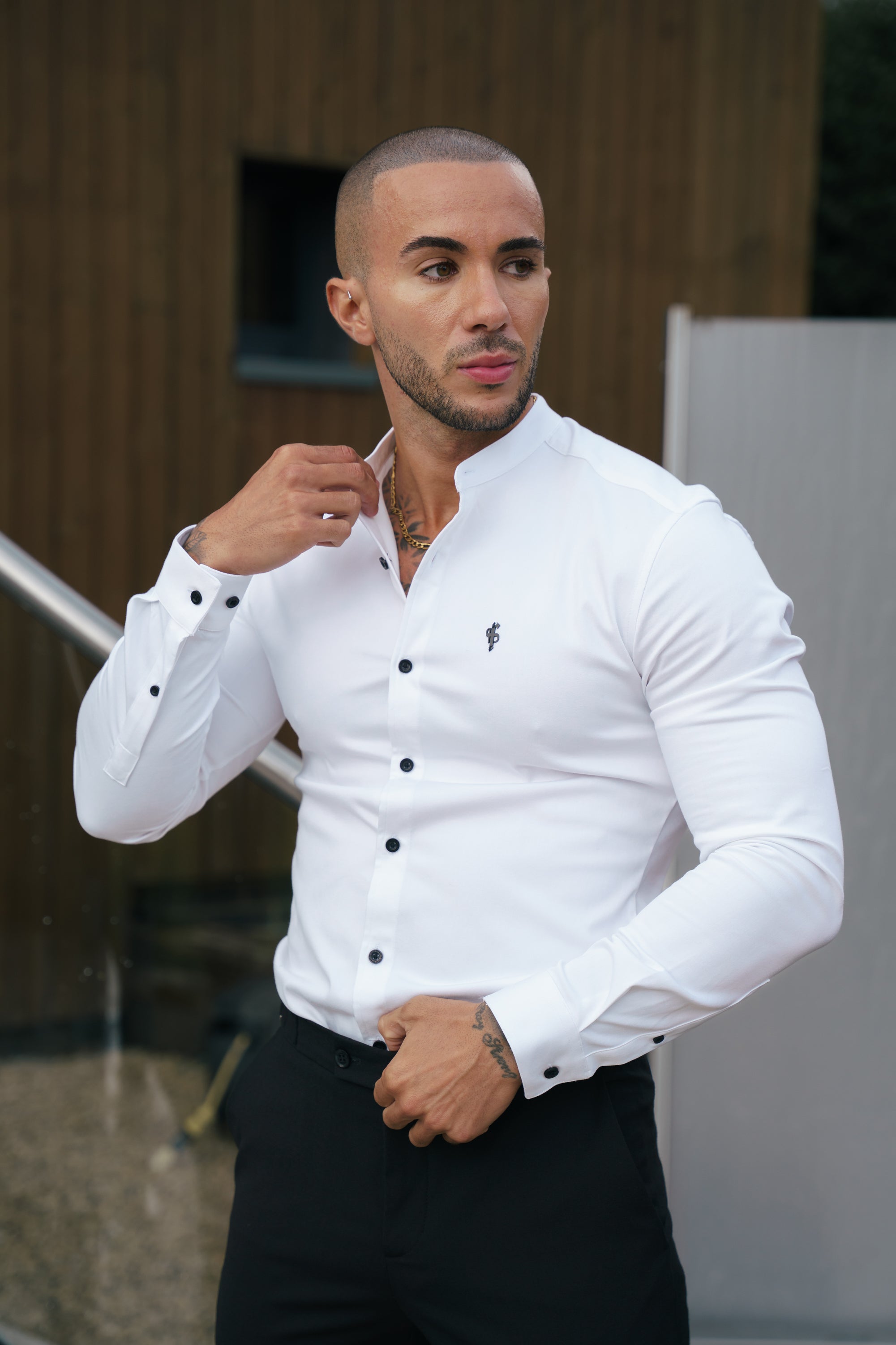 Super Slim Stretch White Denim Long Sleeve Grandad Collar with Black Decal - FS1110