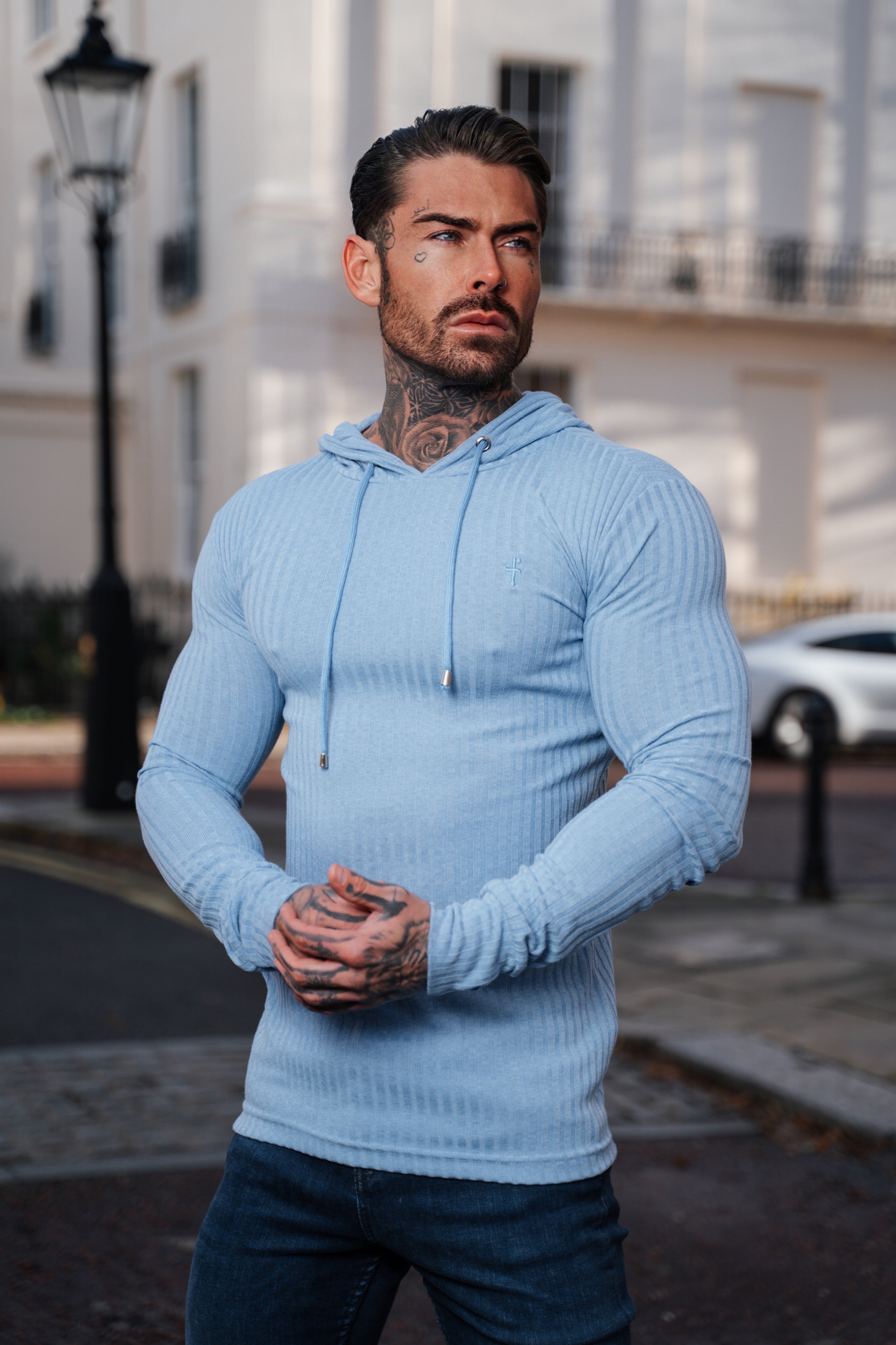 Classic Light Blue Ribbed Knit Hoodie Jumper - FSH908