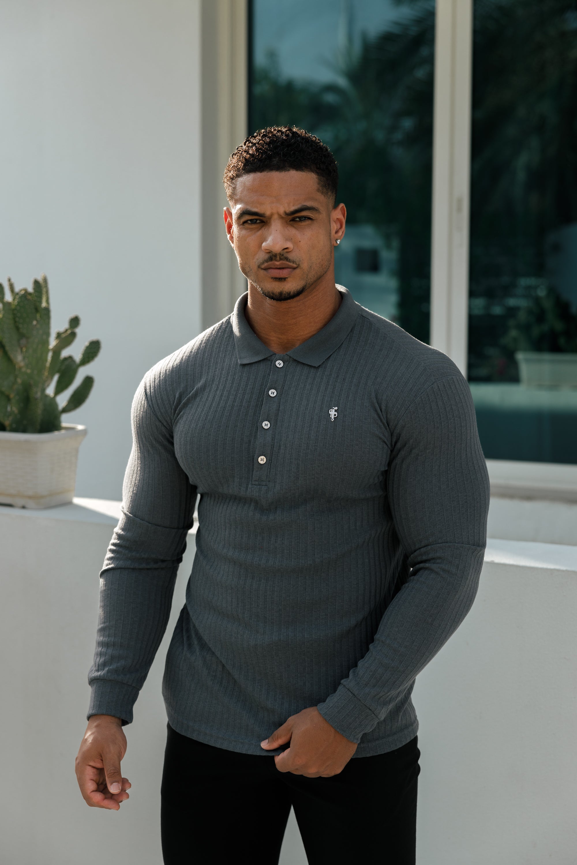 Classic Charcoal Ribbed Polo Shirt Long Sleeve With Silver Decal - FSH971